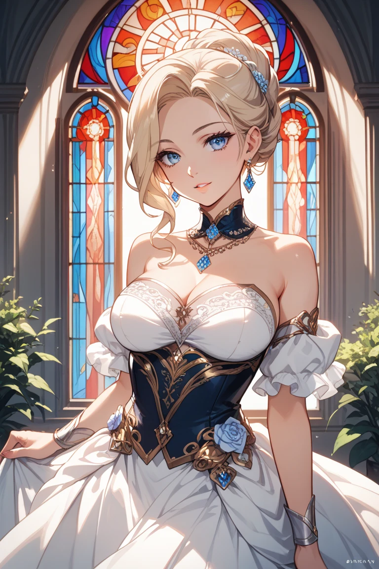 8k、A woman wearing a blue and white luxurious blue and white aristocratic costume is taking the photo.、smooth CG art、glossy white skin、small breasts,8K high quality detailed art、Photorealistic anime girl rendering、fan art best art station、The character is in a natural pose、Beautiful and attractive receptionist woman、エレガントなlaughterのポーズ、smooth digital concept art、highly detailed characters、white shiny skacy art,character art、blonde short perm hair、slim muscular body、Luxurious blue and white aristocratic skirt,,Gari macho、超A high resolution、surreal、split blue eyes,Sexy,laughter,masterpiece,Photorealistic RAW photos of the highest quality。Backlight, cinematic lighting, film grain, to be born, 50mm lens, Nikon D850,realistic skin,fantasy art,character art,ultra high resolution,muscular slim body,Muscular thin lower body,In white,Luxury aristocratic costume,small breasts,