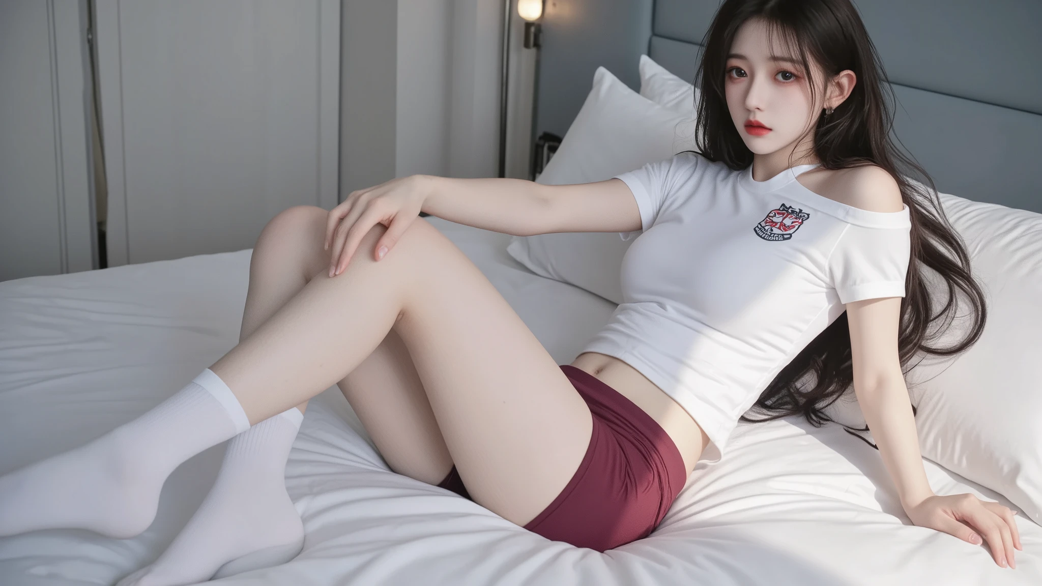 masterpiece, best quality, illustration, Super detailed, fine details, High resolution, 8K,wall paper, perfect dynamic composition,(Details High quality, realistic depiction of eyes:1.3), lying, (bed room), School-specified gym clothes, white gym uniform, short sleeve, wine red tight bloomers, tuck in, normal breasts, long hair, black hair color, Big Natural Color Lip,  crying a little、20 year old girl、cute type、Gravure Idol, full body photo、focus on crotch、thighs exposed、white socks