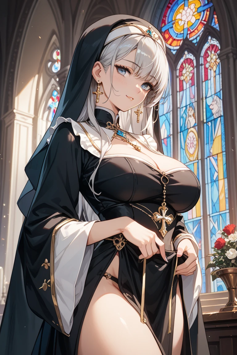 Highest quality　High resolution　Young beautiful woman　Red eyes　Gray hair Neat　Medium Perm　Cute Gentle Girl　Cat ear　Alluring bare shoulder blades　church　Breastfeeding services　A virgin killer with astonishing charm and huge breasts　Sexless　Breast milk　Breathtaking　Nuns