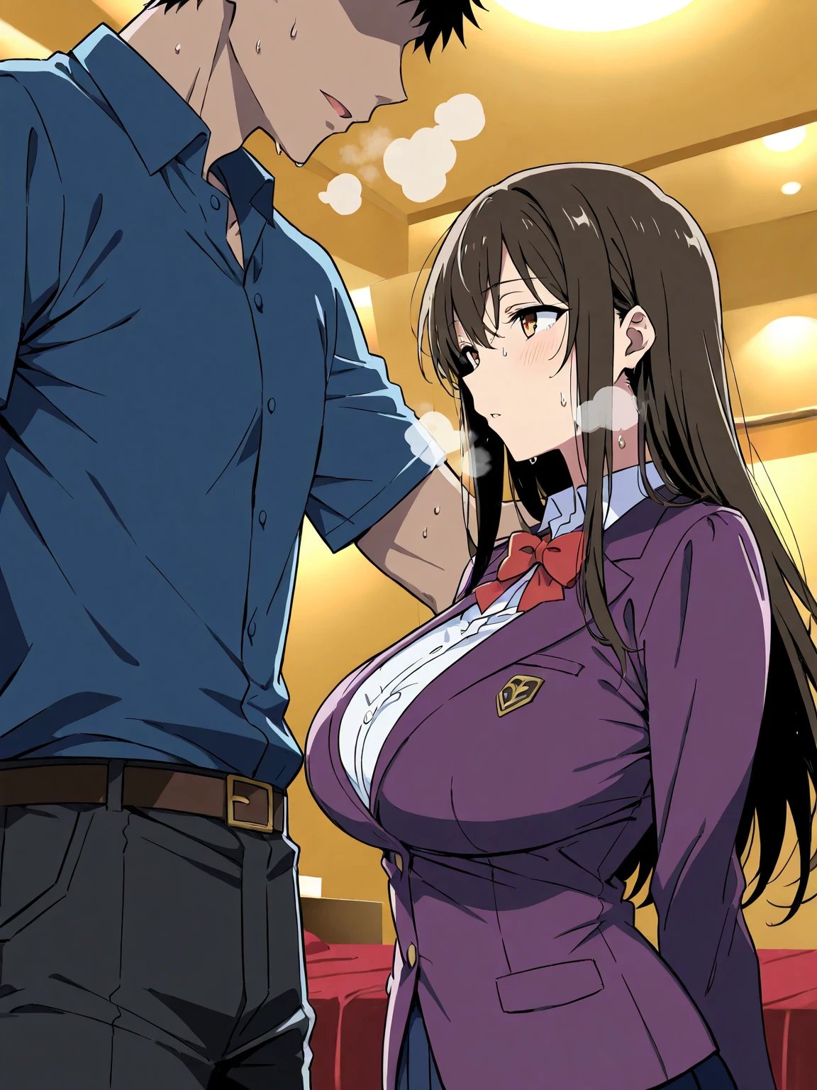 cafe, waitress, bend the elbow, clench fists,skirt,(( nipples)),(( open shirt)),((( largesize breasts))), undressing by self, shirt pull, shoot from side, upper body,(( blush)), surprised, shoot by voyeur, open mouth, pony tail, girl is looking for man's eyes, a girl whoes breasts are took a picture by an old man whith camera