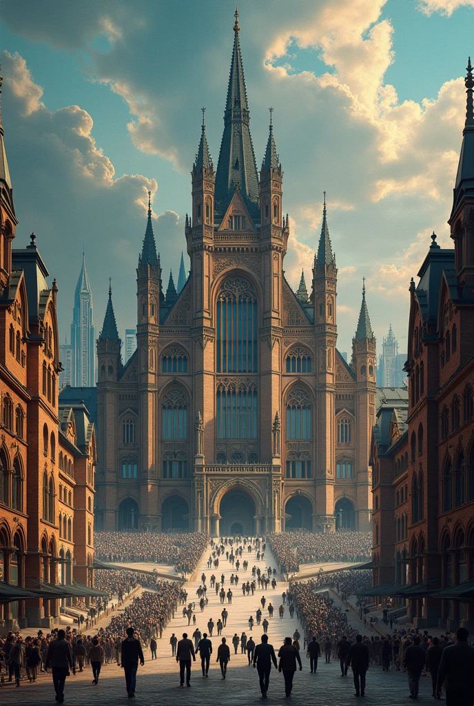 Magnificent, tall, European-style architecture, palaces, castles, resplendent, bustling, squares, crowds, lively, medieval style