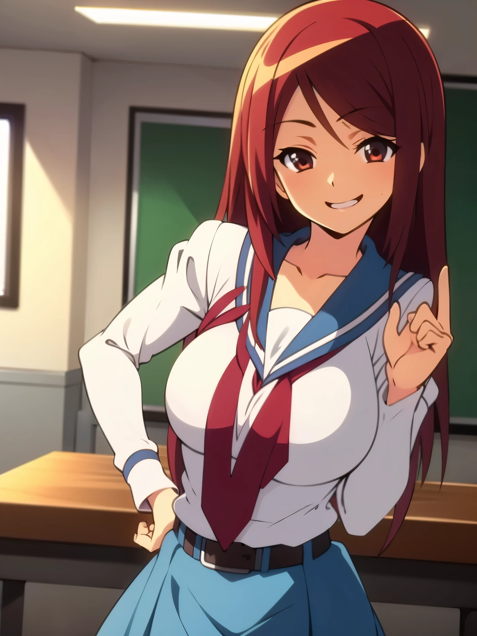 inside classroom, anime style, 8k, masterpiece, ultra high res, focus upper body, break wearing school uniform, red hair, long hair, seductive smile, tall, busty,