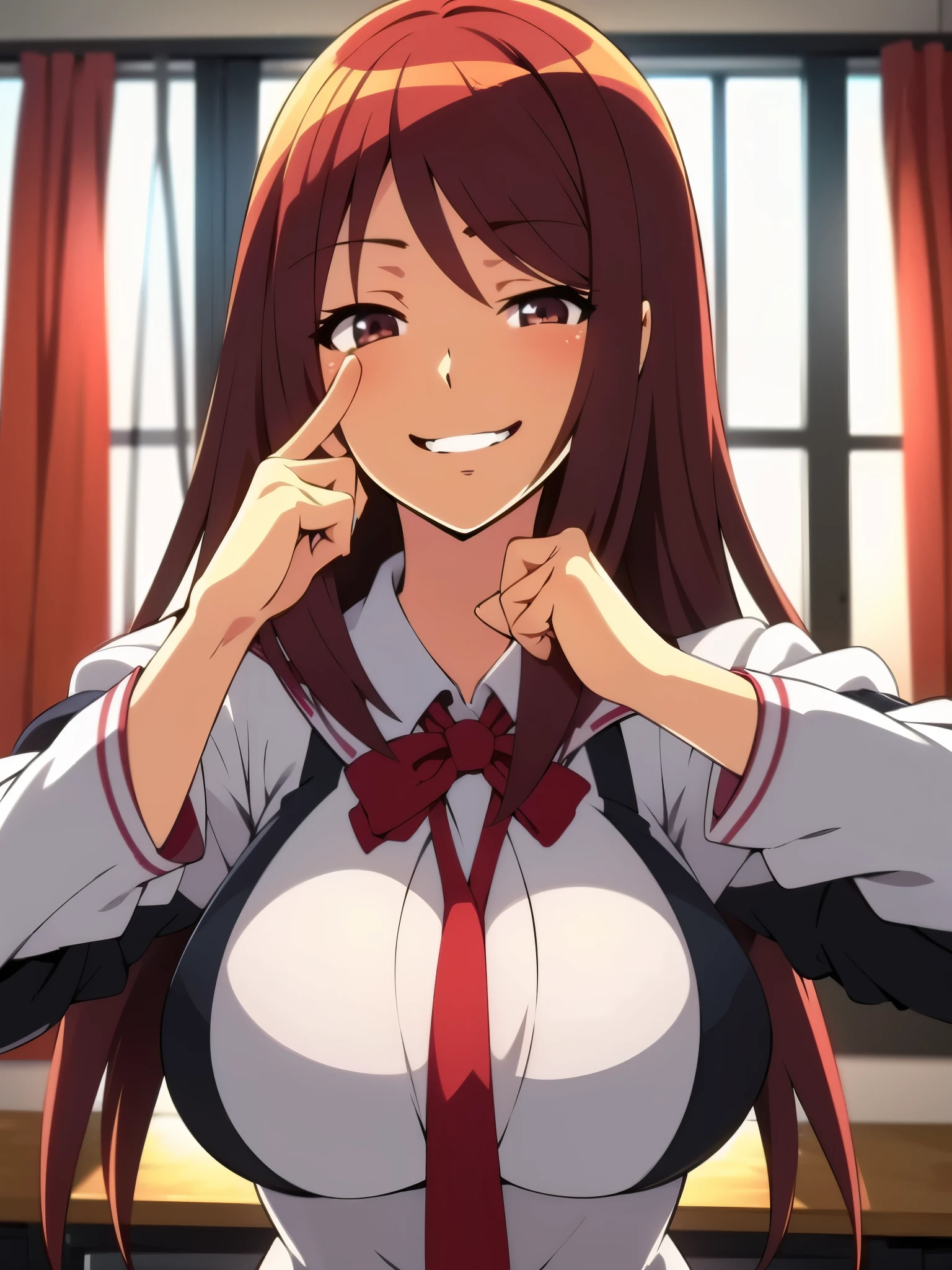 inside classroom, anime style, 8k, masterpiece, ultra high res, focus upper body, break wearing school uniform, red hair, long hair, seductive smile, tall, busty,