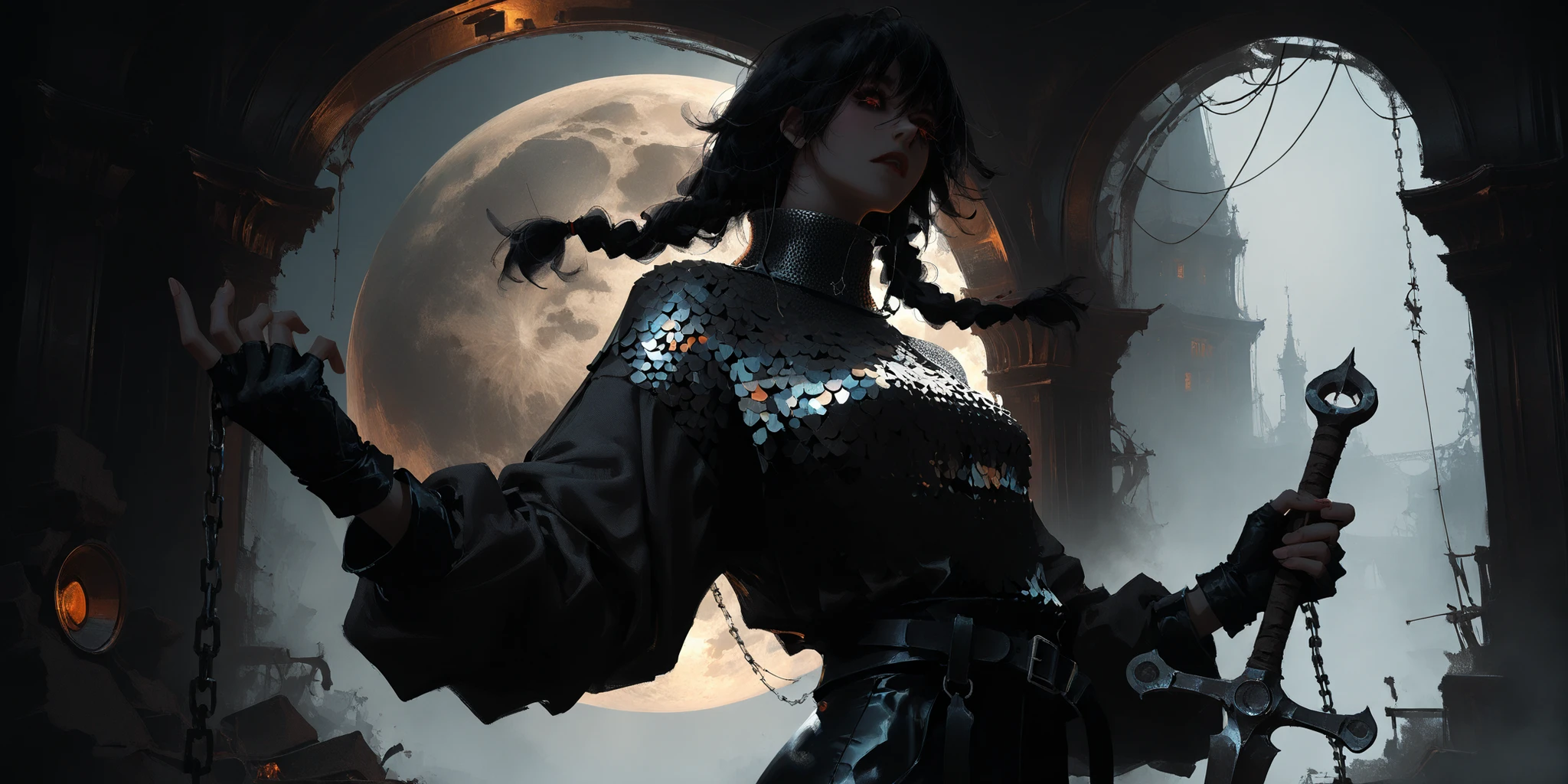 artist: wlop, masterpiece, best quality, illustration, a vampire woman, beautiful woman, European facial features, Caucasian, small breasts, shoulder length black hair, small braids, red irises, detailed face, loose fitting leather pants, female wearing very loose fitting high waist black leather pants with a black belt, and a (thick gray long-sleeved chainmail shirt with a high neck), black leather combat boots and fingerless gloves, tall-looking, fantasy, holding iron sword, perfect anatomy, detailed, lighting, colorful, slim body, fit body, ideal ratio body proportions, tall, Realistic Shadows, regular steel sword, steel sword, normal steel sword, detailed face, detailed eyes, epic, chain mail long sleeve shirt, high neck chainmail shirt, chainmail long sleeve shirt, top fully covering upper body, fully covered upper body, highly detailed, dark colours, cool pose, upper body portrait, cinematic portrait, background splash artwork, videogame style background, game style artwork background, illustration style background, cinematic background, cinematic lighting, interesting background, themed background, epic background, melancholic background, moon in background, detailed background, immersive background, eye catching background, unique background, detailed eyes, Official Art,