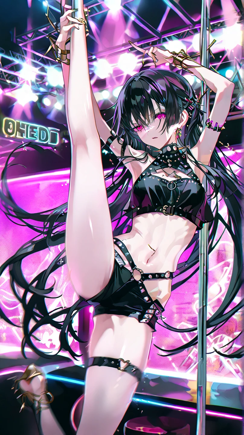 Highest quality,masterpiece,Rock singer,Dark silver hair,Live Stage,Radical Slingshot Swimsuit,Small live music venue,Leg spread