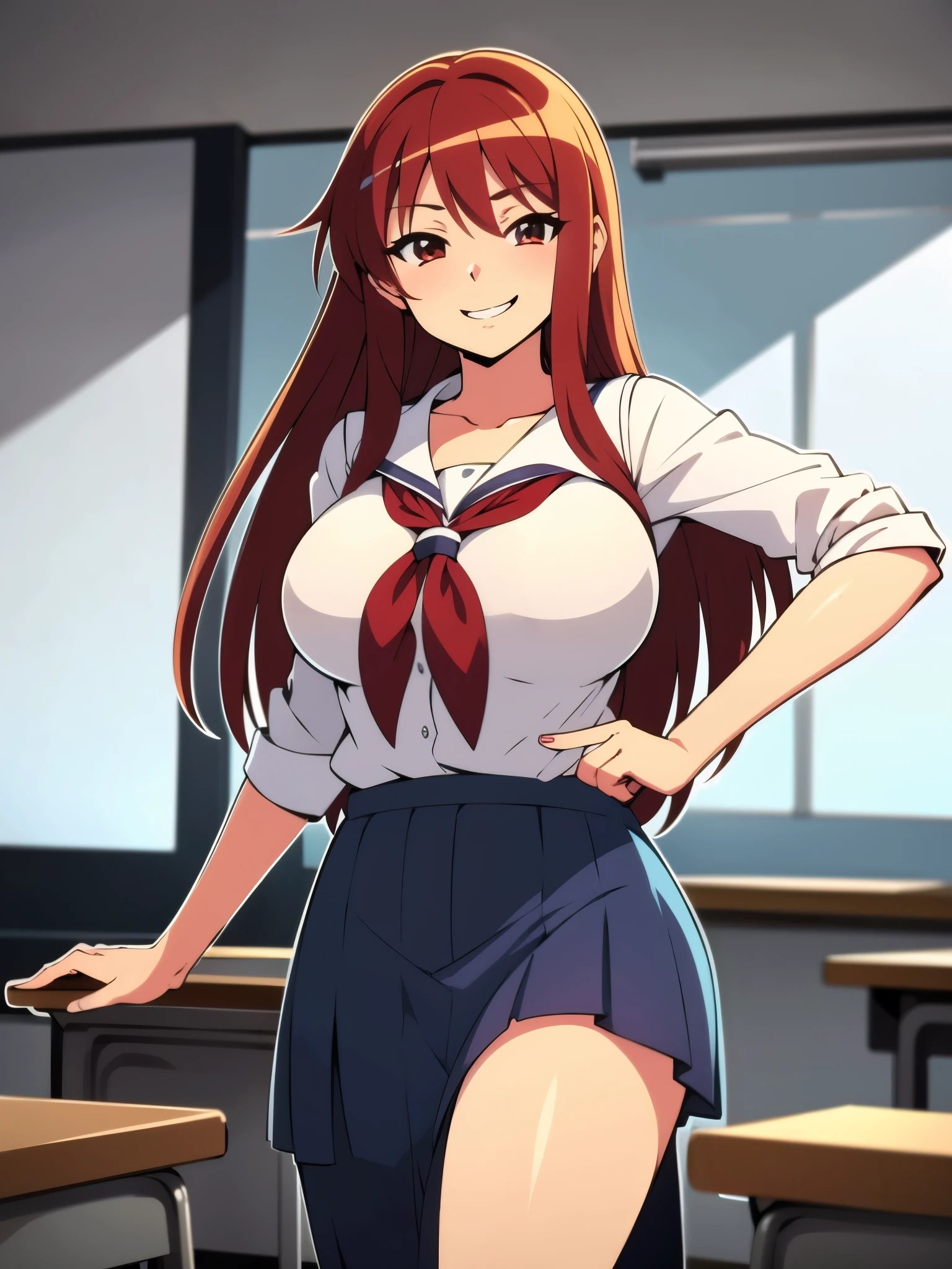 inside classroom, anime style, 8k, masterpiece, ultra high res, focus upper body, break wearing school uniform, red hair, long hair, seductive smile, tall, busty,