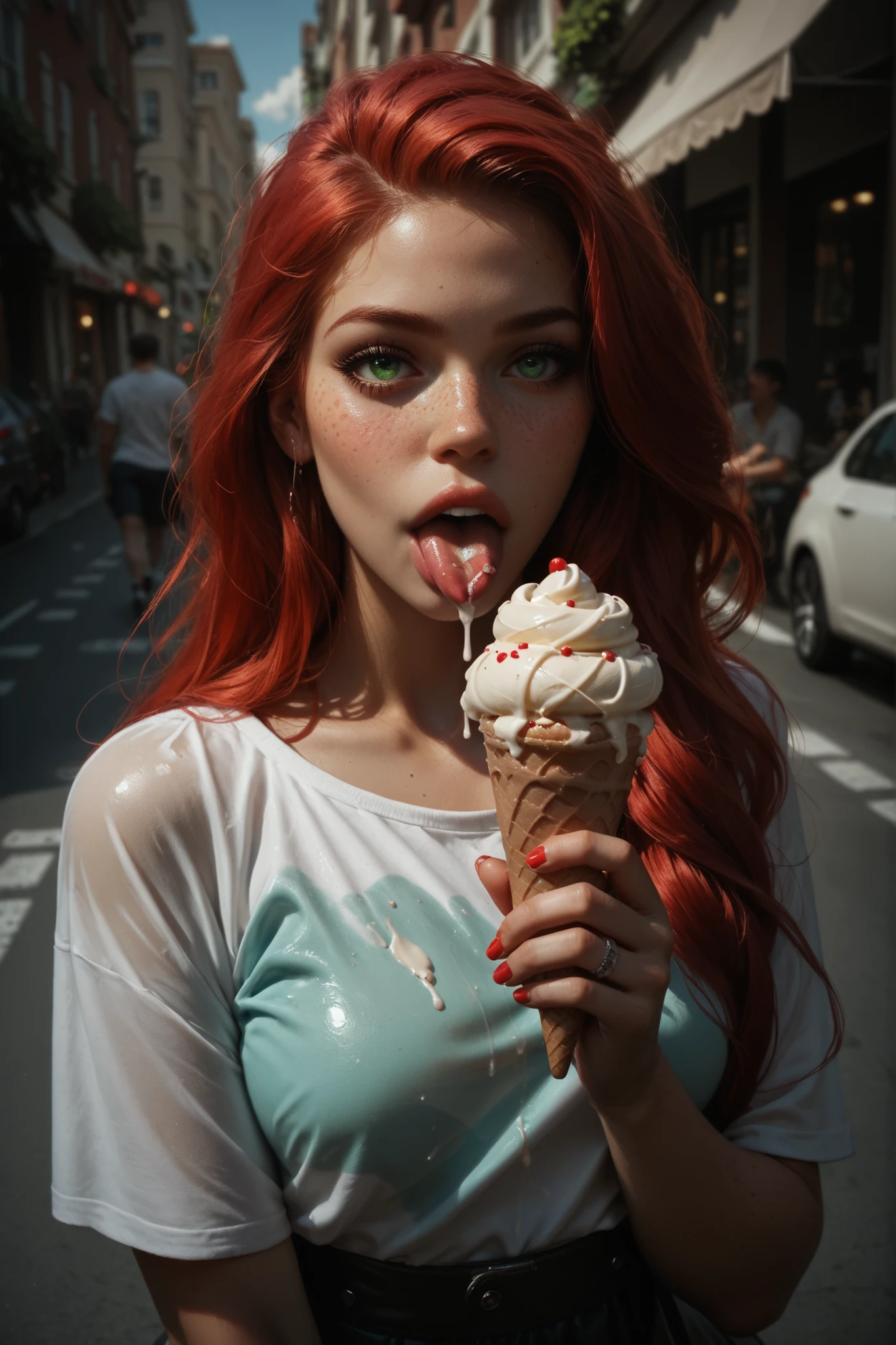 Beautiful girl, red hair, freckles all over her body, green eyes, long hair, the tongue in the ice cream, street, licks ice cream, ice cream drips onto clothes,  regular clothes