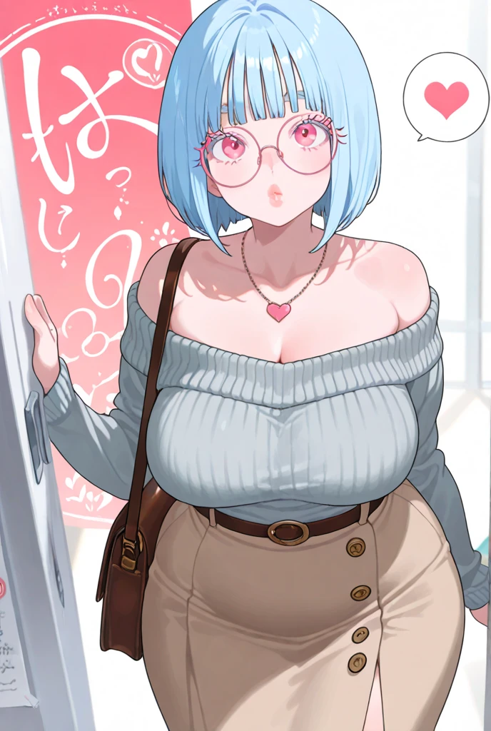 (masterpiece), best quality, expressive eyes, perfect hybrid succubus girl face, long cyan and blue hair, scarlet red eyes, closed eyes, glasses, blushing, pouting, short black tank top, gold necklace between her breasts, shorts, navy blue jean stockings, perfect big round breasts, thick thighs, at home, front door, nervous, doing this with her hands : "👉👈", nfsw