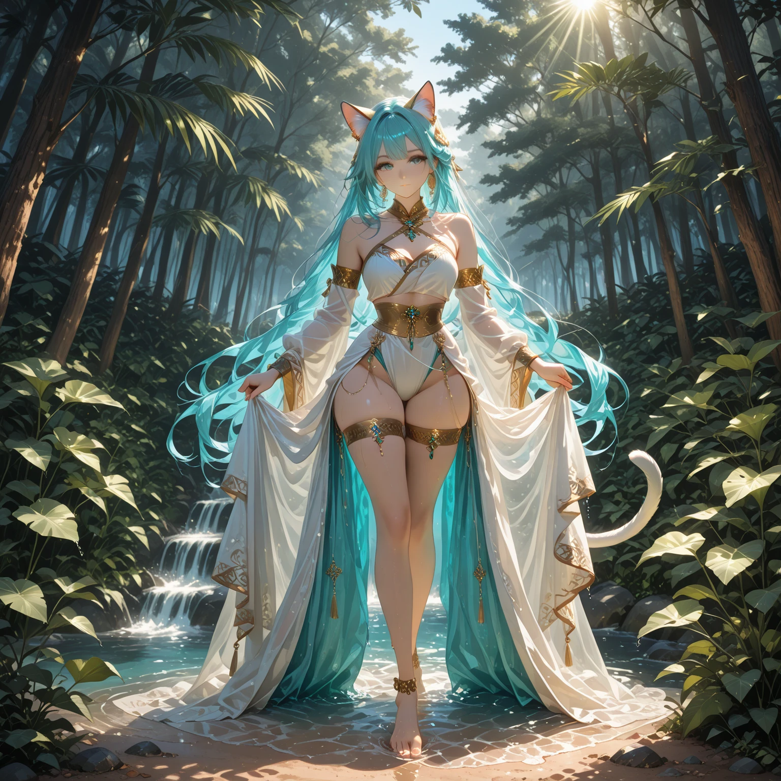 The Fox Godess, Beautyful, Silk,Clouds,Fox Tail, Loincloth, Golden Blue Metal Top, Forest,( bokeh )
