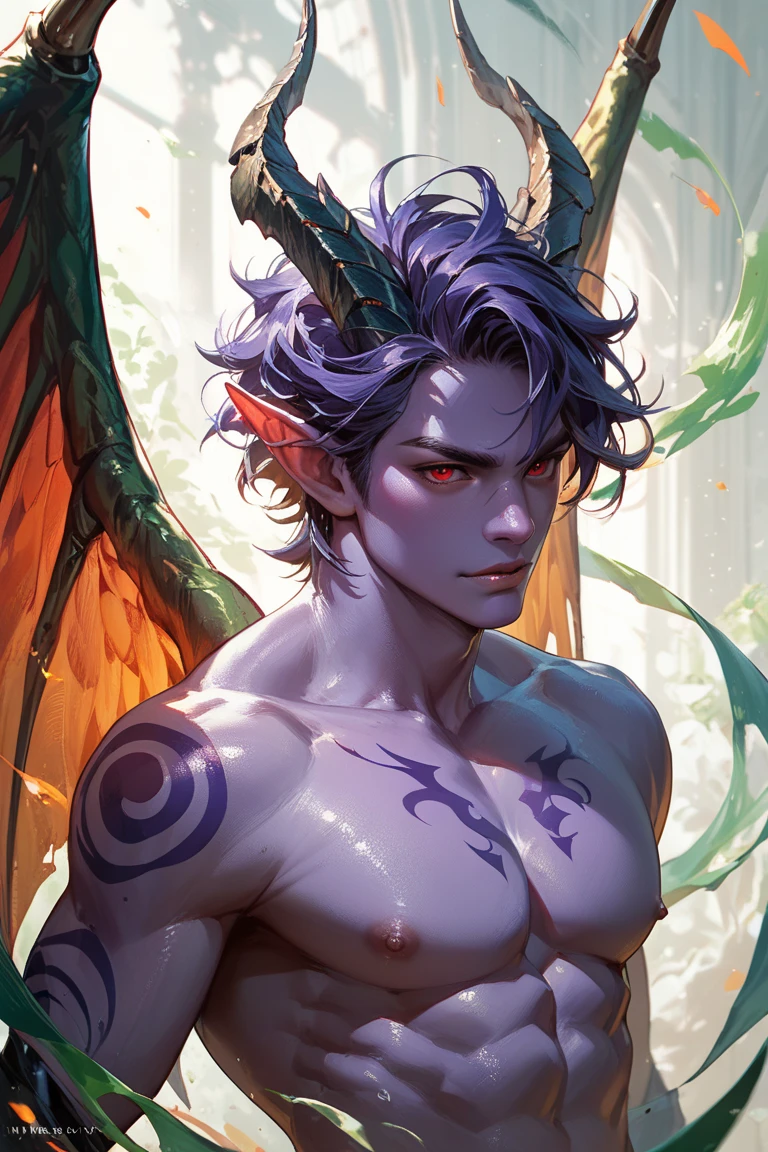 1boy, young male, , fairy, innocent face, cute face, youthful face, tanned skin, tribal, tribal tattoo, black eyes, fairy wings, black fairy wings, long hair, undercut, hair half shaved, purple hair, thin body, muscular, short, sexy, skimpy, jockstrap, shadow magic, light magic, shadow energy, light energy, necromancer, monk, monk outfit
