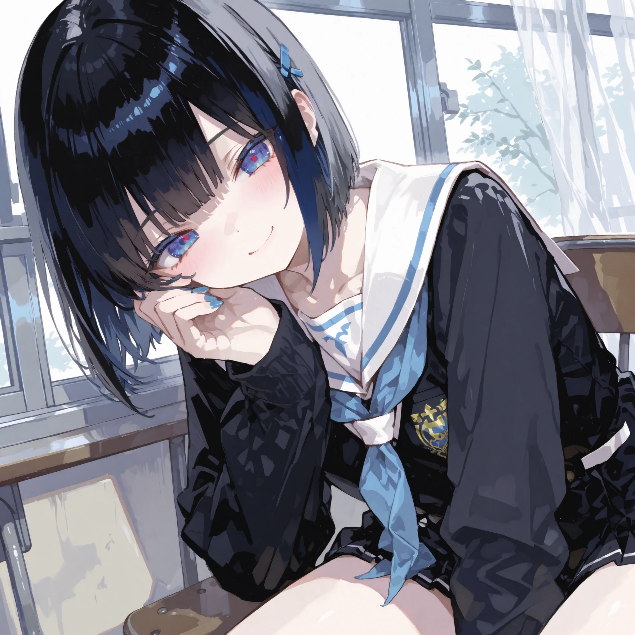 Highest Quality,Jet black hair color、bob cut、blue eyes、nuncostume,female middle school student、（cute junior high school anime style:1.2）、has a smiling face、Super Precise Illustration、