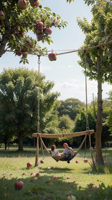 Two children sitting on a swing in a heart-shaped frame, Ground lawn，Spread with flowers， author：Dietmar Damelao, lifelike