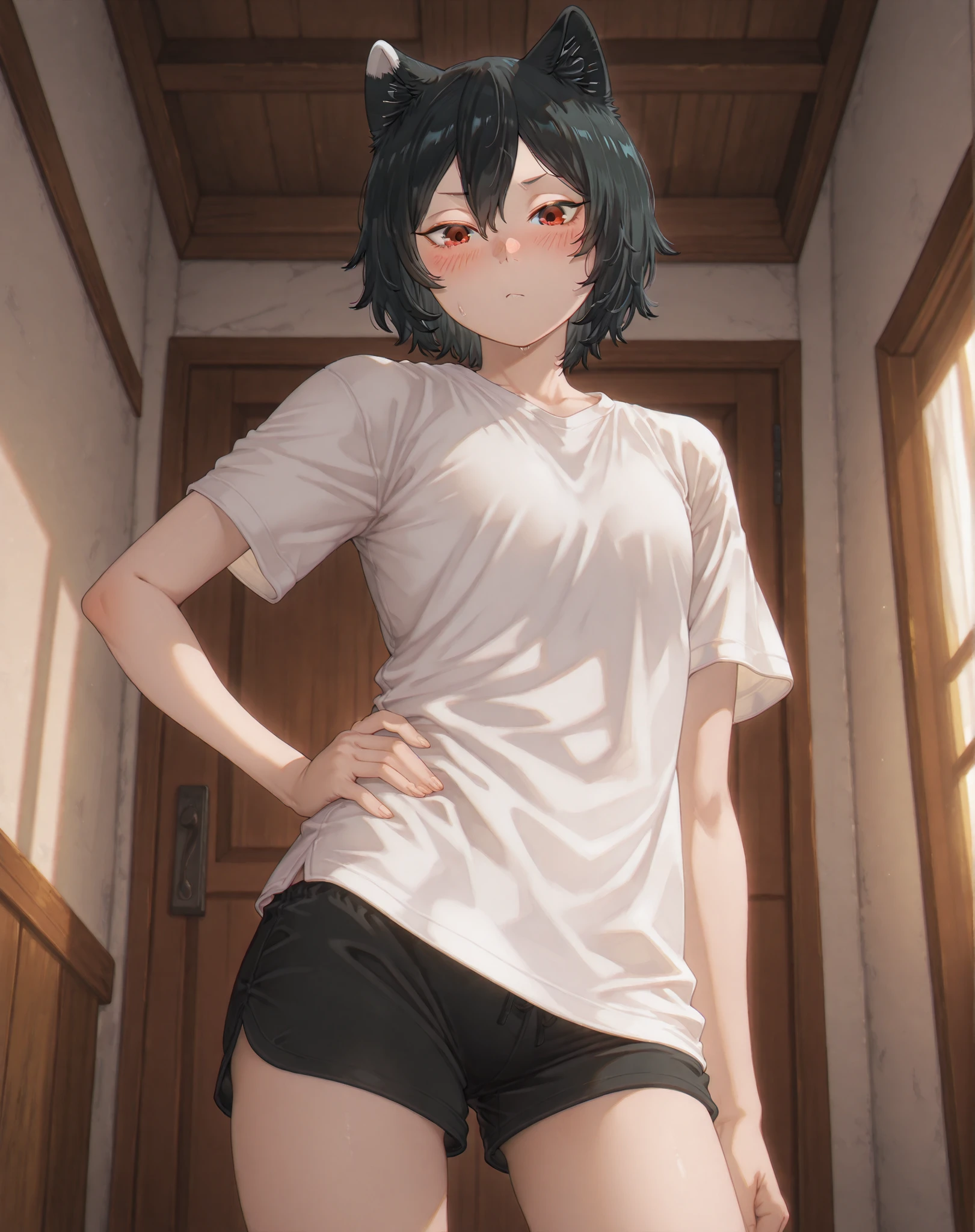 masterpiece, best quality, solo, izutsumi, hand on hips, looking at viewer, black shorts, white t-shirt, indoors, blush