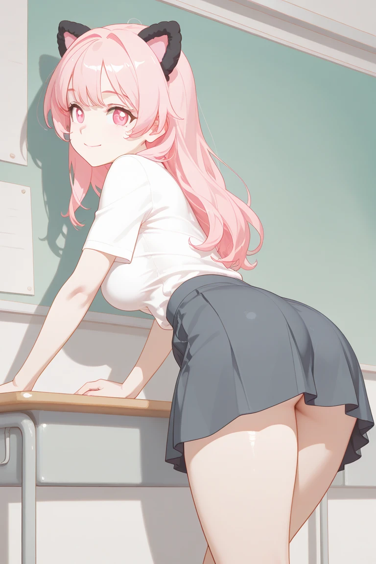 (masterpiece、highest quality、Super detailed)、((One girl))、((Pink Hair))、((Twin tails))、((Light blue eyes))、evil smile、((Grin))、Earrings、((Very large breasts))、((White shirt))、Short sleeve、((Black pleated skirt))、((miniskirt))、((bent over))、turn around、Shoot from behind、((Turning your butt off))、Cowboy Shot、POV、Classroom Background