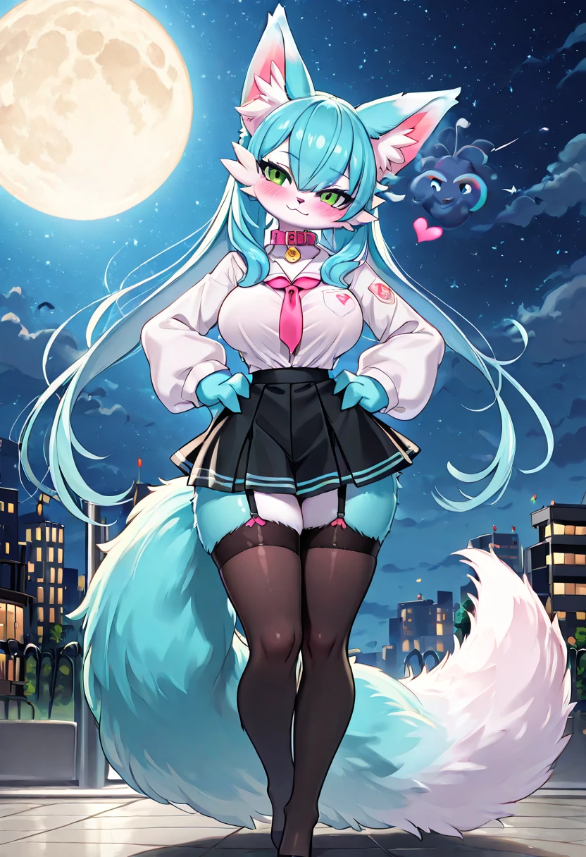 Miku Hatsune, add high definition_detail:1, blue fur,kitsune ears, tribal tattoo add_detail:1, posing during a full moon showing off her beautiful figure and her outfit. (black lingerie, pleated mini skirt)sweaty body add_details:1, smiling add_detailsl:1, ear piercing add_detail:1, despeinada, after party