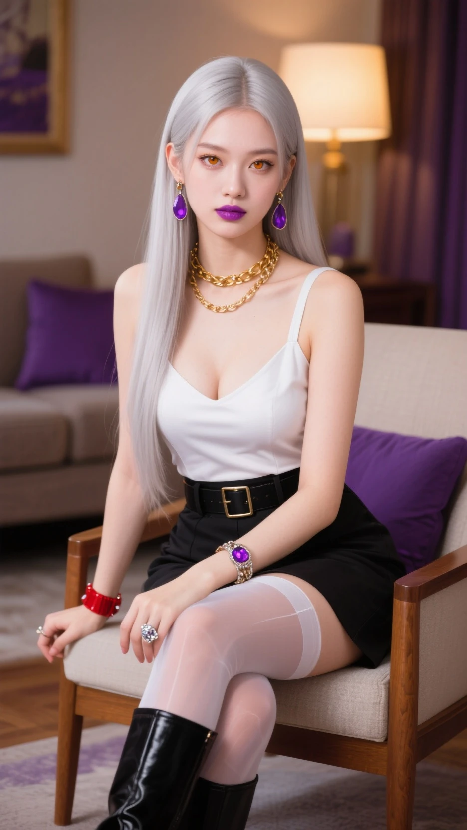 beautiful looking femboy sitting in sofa drinking tea. white skin, white long hair, boy with luxury sexy clothes, cute face, boy with girl face, golden jewelry, anime character, cute anime boy, hunter x hunter, sexy poses, blue eyes, modern clothes, rich spoiled boy