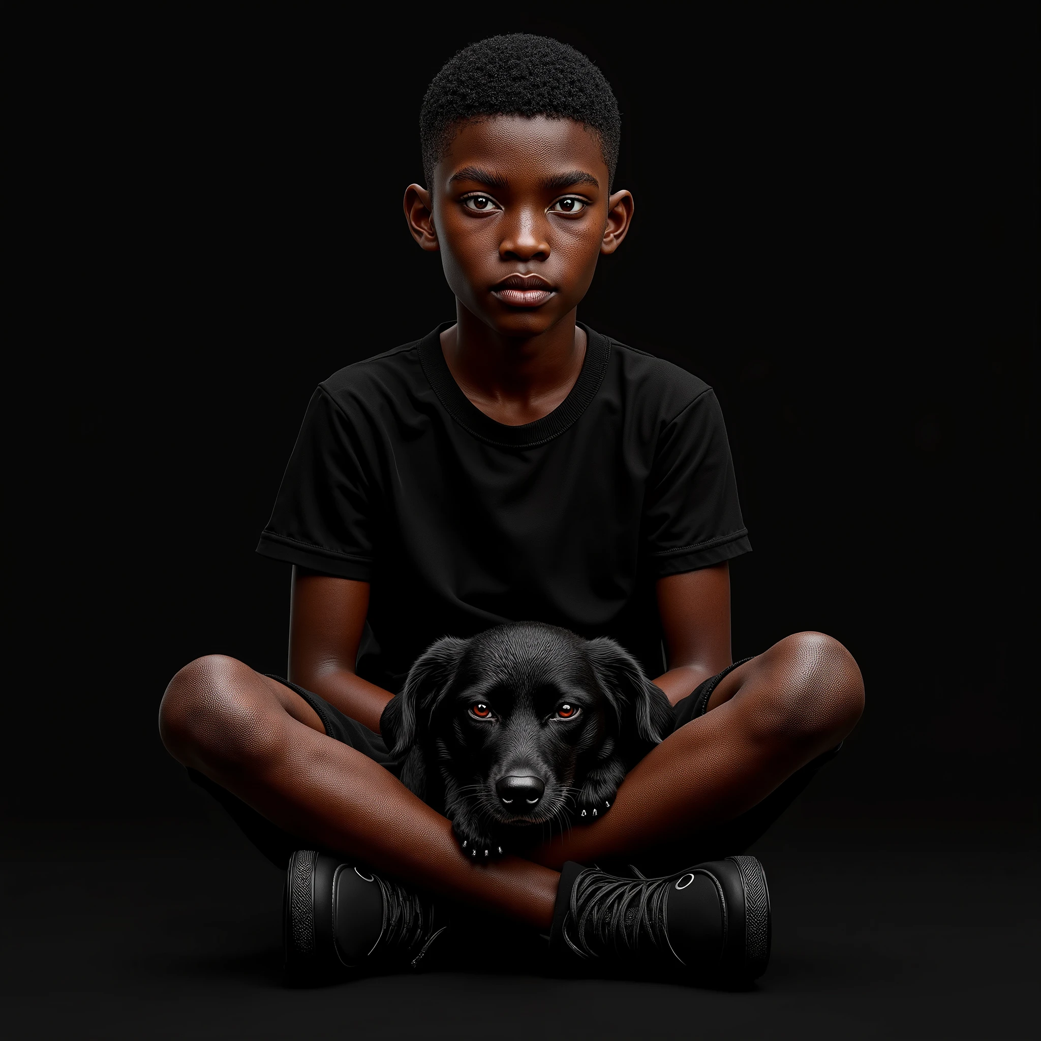 super detail, textured skin, UHD, UHD, 16k. A mulatto boy sits in a black t-shirt and black pants and black sneakers, and between his legs sits a black dog on a black background