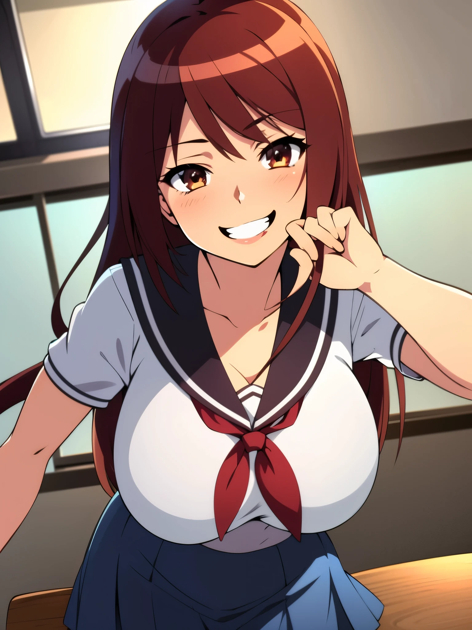 inside classroom, anime style, 8k, masterpiece, ultra high res, focus upper body, break wearing school uniform, red hair, long hair, seductive smile, tall, busty,