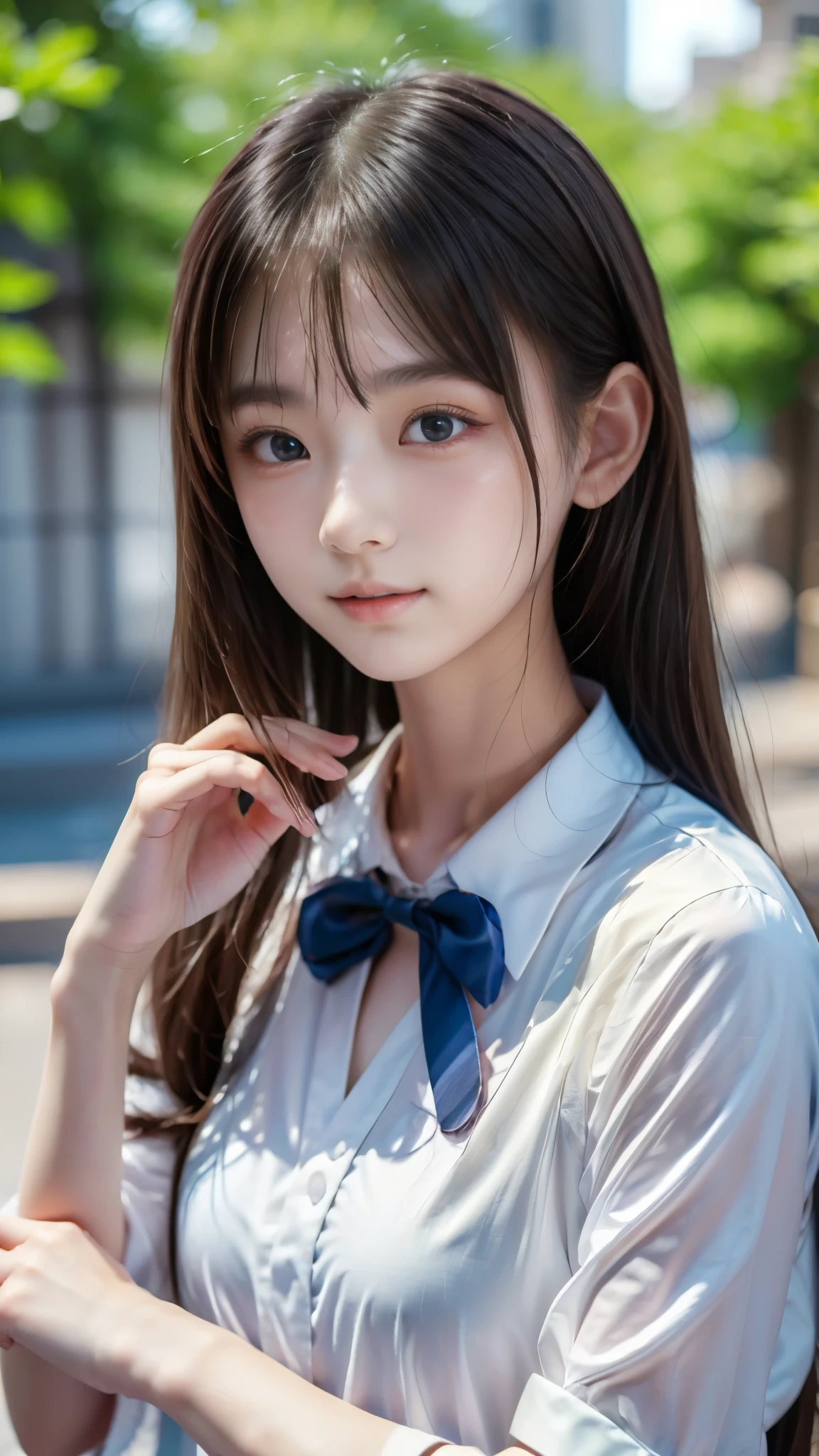Asian woman wearing a white shirt and blue tie, Sakihime-chan , seifuku, shikamimi, Young Japanese Girl's, Sakimi-chan, japanese model, an anime girl in real life, Chiho, Yoshitomo Nara, Japanese Female Student Uniform, wearing a Japanese school uniform , portrait photo profile picture , (detailed hands:1.3, perfect right hand:1.3), Highest Quality, best quality, masterpiece