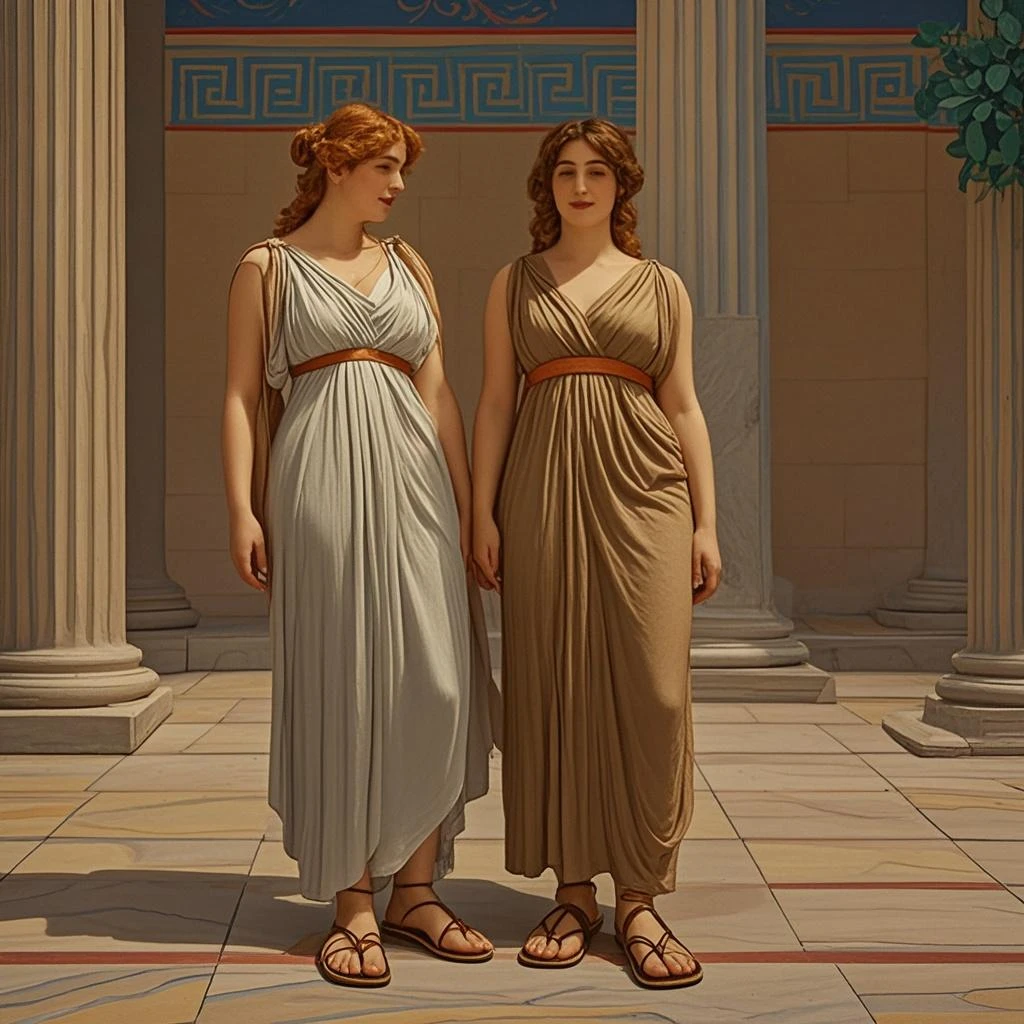 Female, Adult, Roman, Goddess, Short red hair, ancient thong, bronze belt, bronze bracelets, sandals,