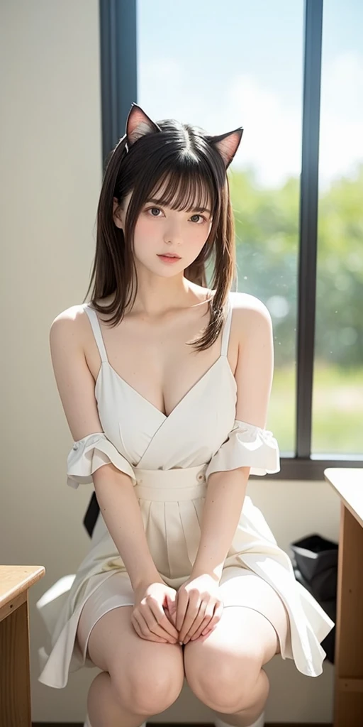 highest quality, face focus, eyes are staring、ultra high resolution, (realistic:1.4), RAW photo, japanese girl, alone, body is slightly tilted、cute, black eyes,Eye Catch, detailed beautiful face, The skin texture is pure, medium hair,black hair, indoor, white knit dress、Body lines are visible、big chest、I can see a little of the chest、Cafe、Fashionable、