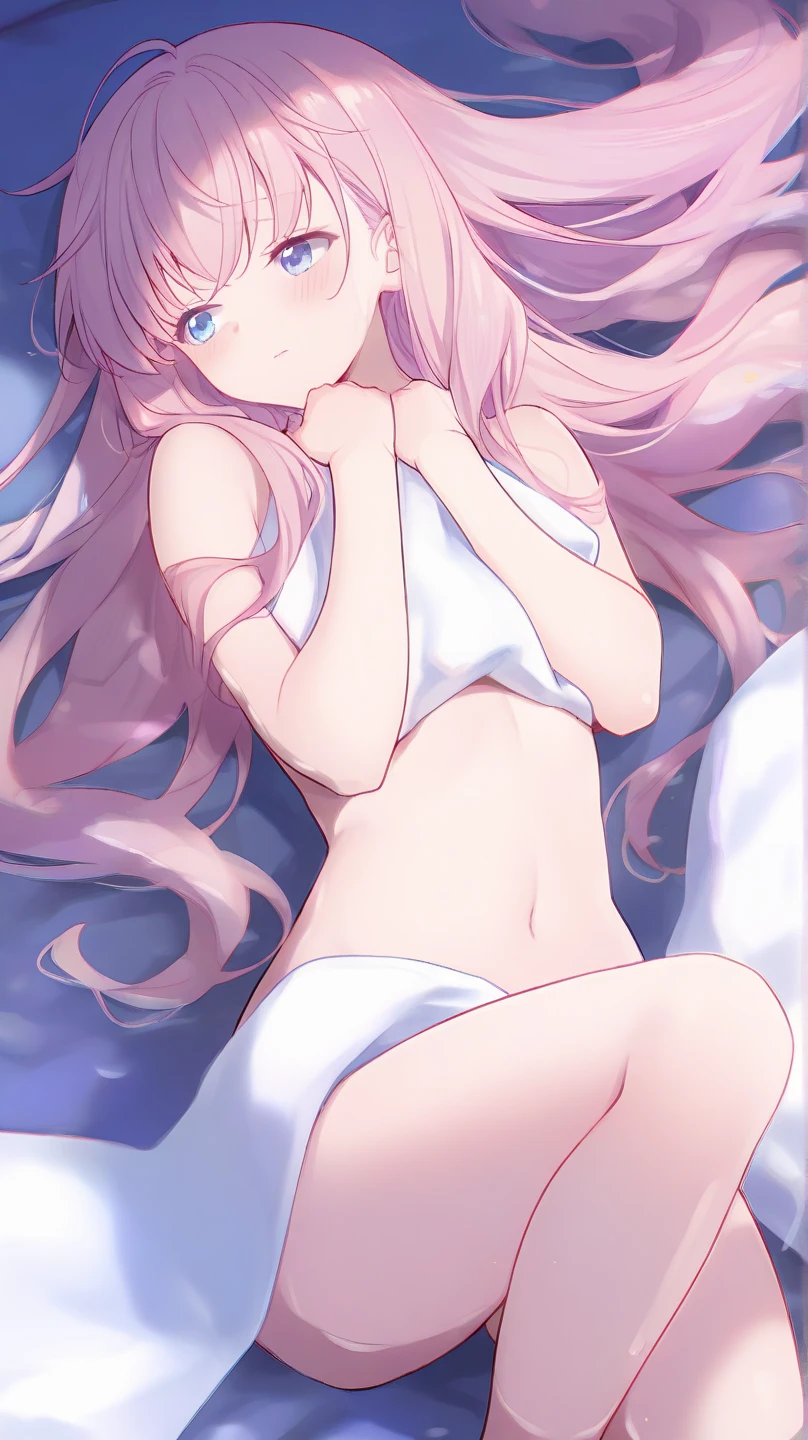 (Highest quality), (High resolution), (masterpiece), (Very detailed), Shiro \(no game No life\),Long Hair,Multicolored Hair,Hair between the eyes,Gradient Hair,Flat Chest,blue eyes, Blue Archive Art Style, One Girl, Silky skin, Shiny skin, Sweat, blush, Heart pupil, ( Thin, long lace camisole dress), Front view, (Dark Saturation), Love juice drips, Underwear is see-through,  In bed at night, Dark Room, Ecstatic expression, Sleep on your back,  Show the whole body, (Masturbation), (Squirting),Masturbationをする, orgasm