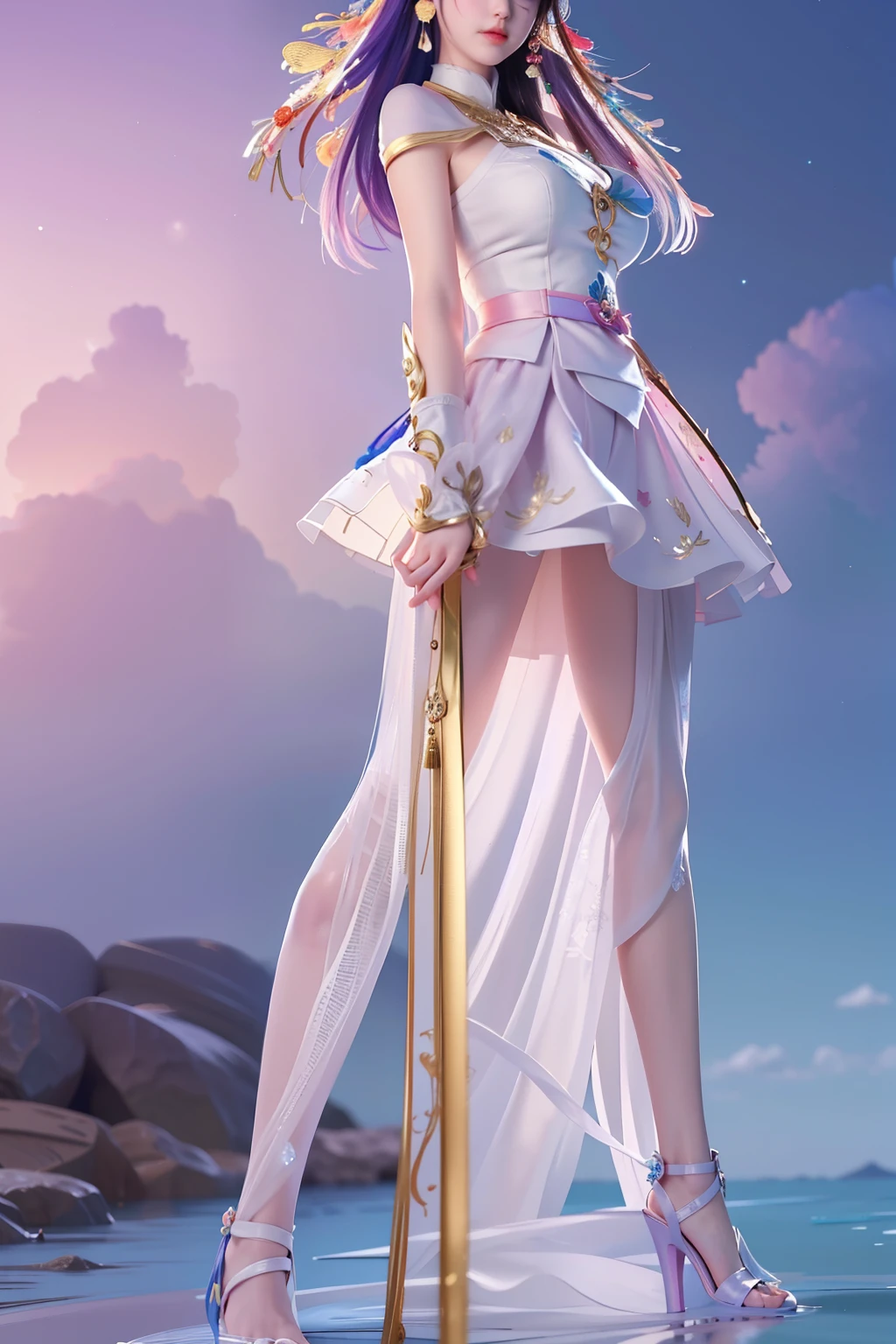 <lora:Sophie PeacefulV1:0.7> ((best quality)), ((masterpiece)), (detailed) Create an character named [sophie peaceful], who is a magical girl with long, wavy pink hair and bright blue eyes. She wears a frilly white and pink dress with matching gloves and boots. Her magical powers are focused on the element of water, and she wields a magical staff with a blue gem on the top. The image should depict her casting a powerful spell that causes a large wave to crash in the background. The overall tone of the image should be bright and energetic, with a focus on showcasing the character's beauty and grace. The image should be of ultra-high quality, with attention to detail and shading to create a sense of depth and realism, (breast), (the miniskirt was blown up by the wind, revealing the thighs:1.5), ((realistic)), 8k uhd, dslr, soft lighting, high quality, film grain, Fujifilm XT3, analog style, <lora:shojovibe_v11:0.7>