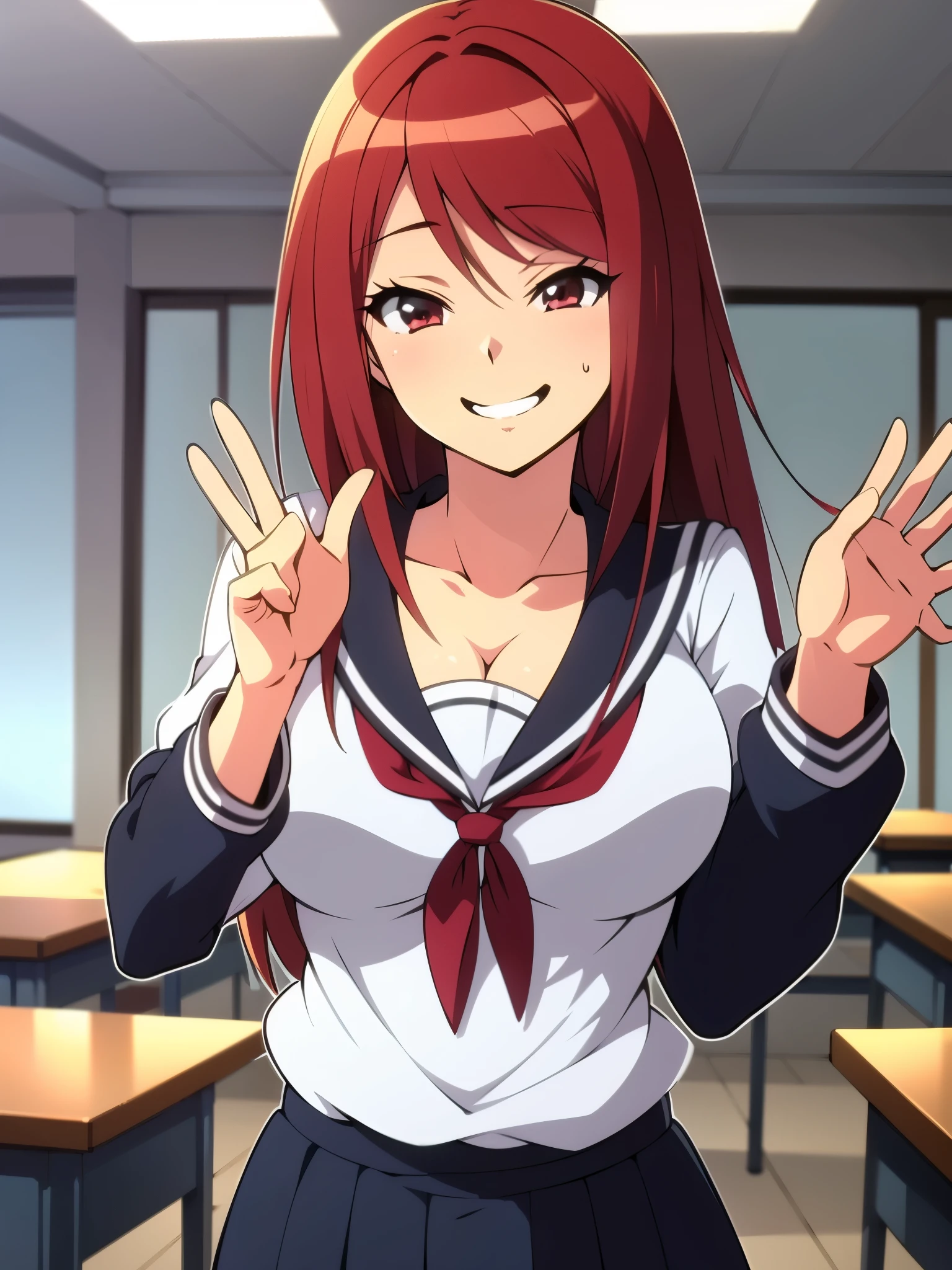 inside classroom, anime style, 8k, masterpiece, ultra high res, focus upper body, break wearing school uniform, red hair, long hair, seductive smile, tall, busty,