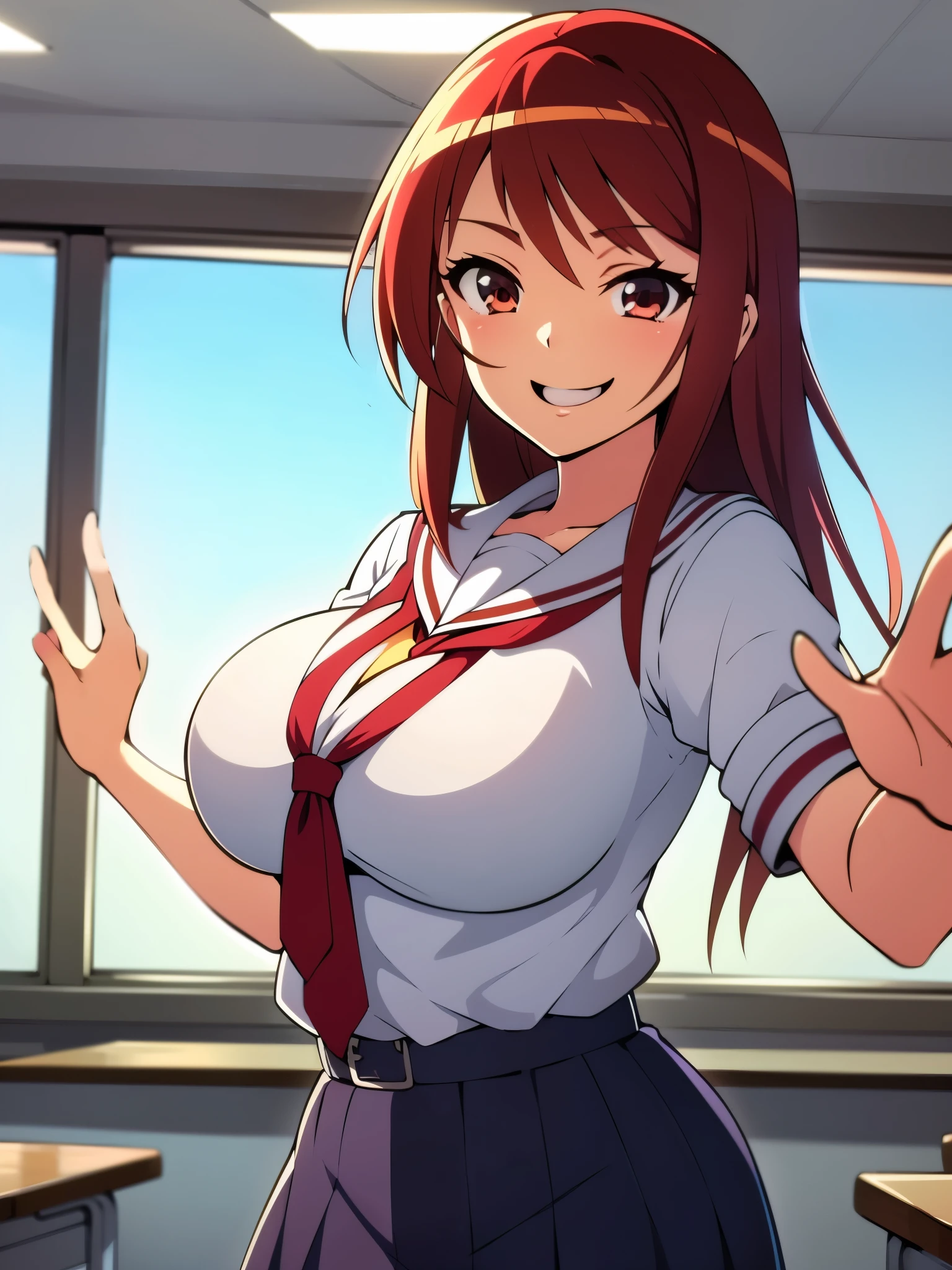 inside classroom, anime style, 8k, masterpiece, ultra high res, focus upper body, break wearing school uniform, red hair, long hair, seductive smile, tall, busty,
