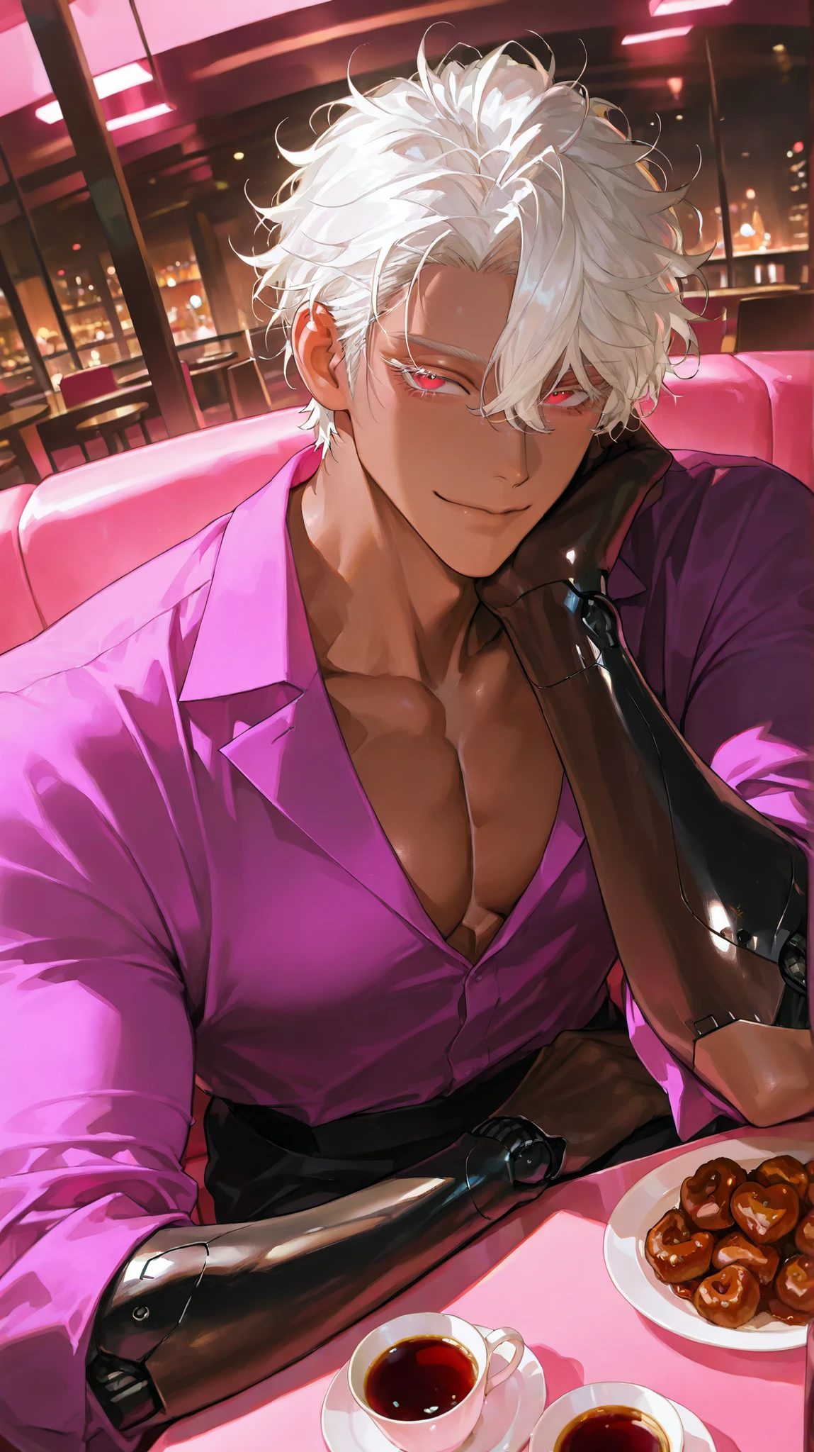 8k, 아름다운 Perfect Eyes, semi-realism art, masterpiece, Exquisite Details, very detailed, (brown skin, brown skin, 40 year old male , handsome, smiles, Messy Hair,hair between eyes, white blond hair,shaved nape hair,short hair,1 man, handsome man, Thick painted, red eyes, mature, mature man,alone,looking at viewers, brown skin, toned skin, black skin, toned, wavy hair, Android, robotic arms, black robotic parts, black arms, tall man, mature man, muscular, large body, small head, white eyelashes), best quality, absurdres, scenery, volumetric lighting, surreal atmosphere, detailed scenery, dynamic pose, dynamic angle, close up, dutch angle, fisheye, closed mouth, , seductive smile, sitting on couch, looking at you, flirty, bright smile, elegant purple shirt, elegant shirt, dark lighting, busy restaurant, wine, table full of food, valentine, pink, date, heart, elegant clothes