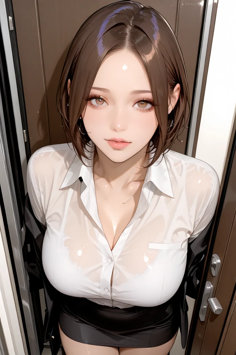 masterpiece, best quality, highres 64k, professional artwork, famous artwork, clean, cinematic lighting, beautiful eyes + detail, beautiful hair + detail, (cute young female body:1.4), (cute small breasts), lactation, happy:1.3, smile:1.3, sexy looking at the viewer, sexy lips, floating hair,Anosillus ii, ((tfg1:1.5)), indoors, doorway, door open, from above
