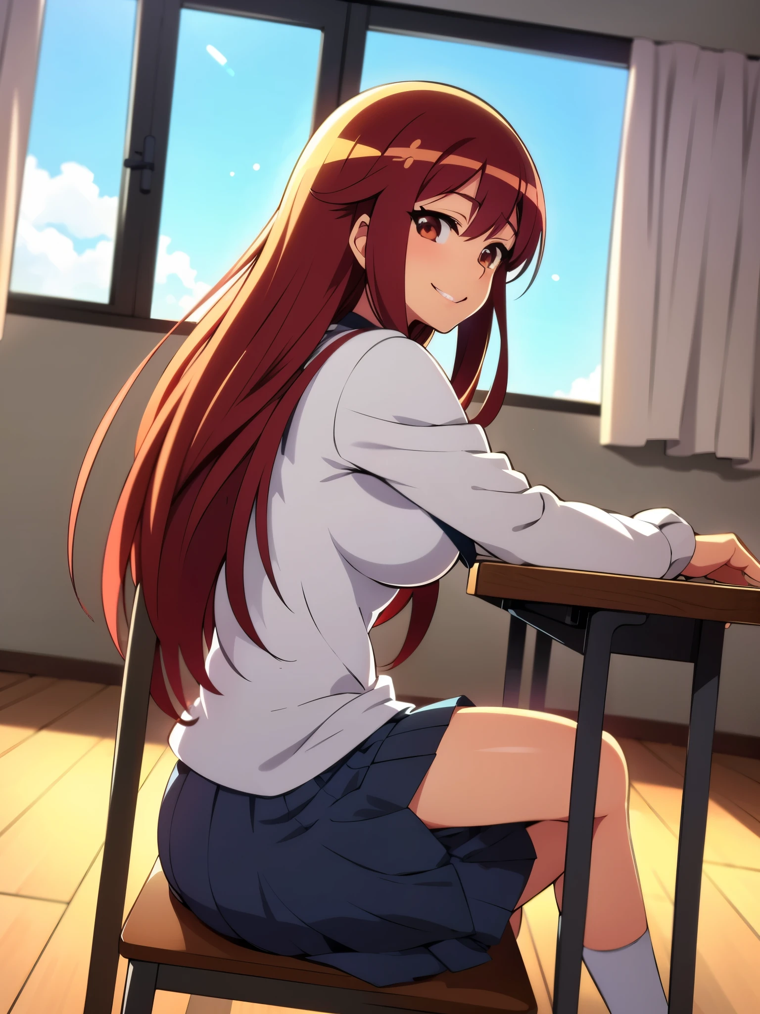 inside classroom, anime style, 8k, masterpiece, ultra high res, from side, focus upper body, break wearing school uniform, red hair, long hair, seductive smile, tall, busty, sitting chair,