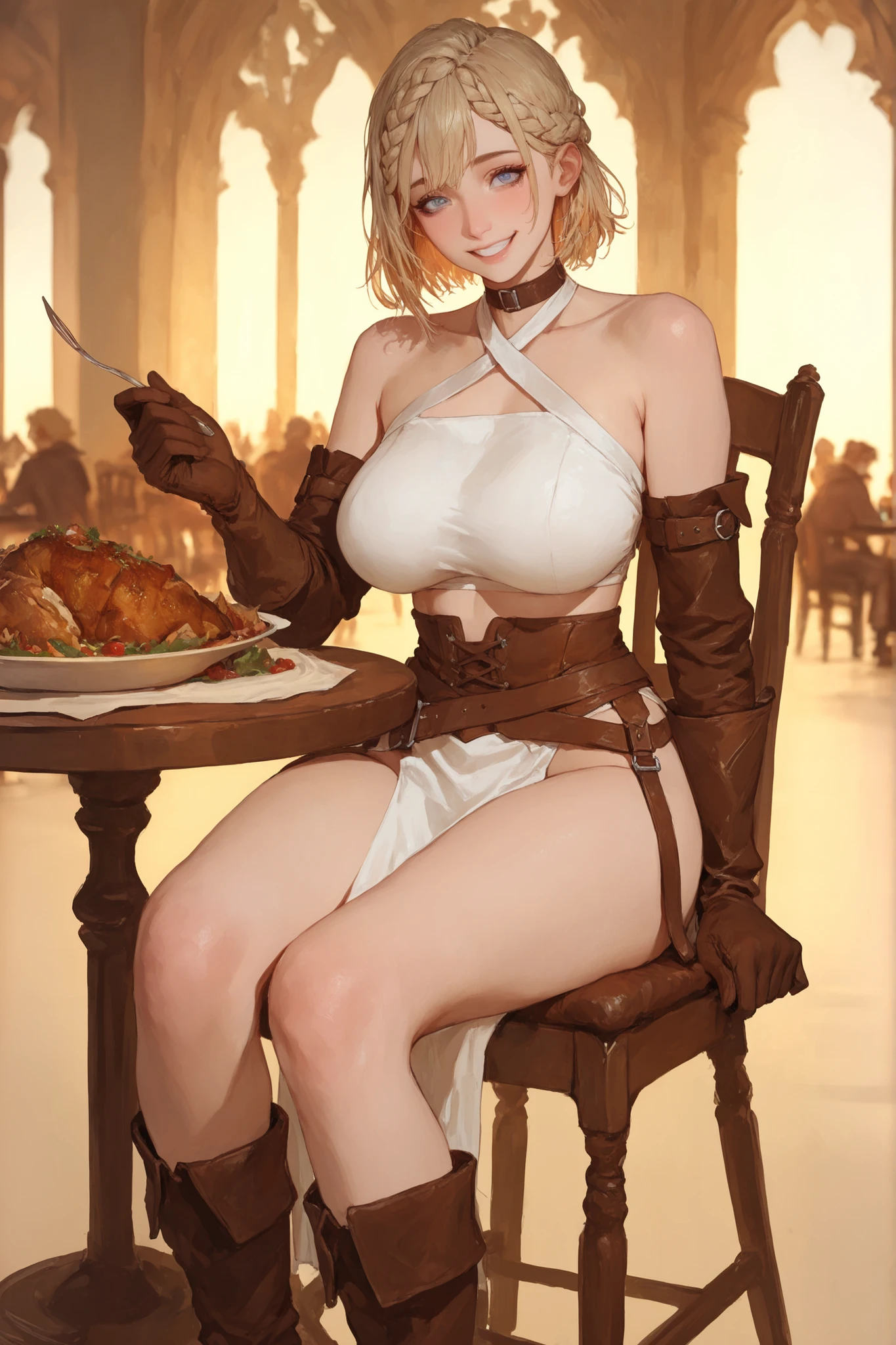 nsfw, bondage costume yellow, sexy russian girl, seduce, vibrant, Dining room