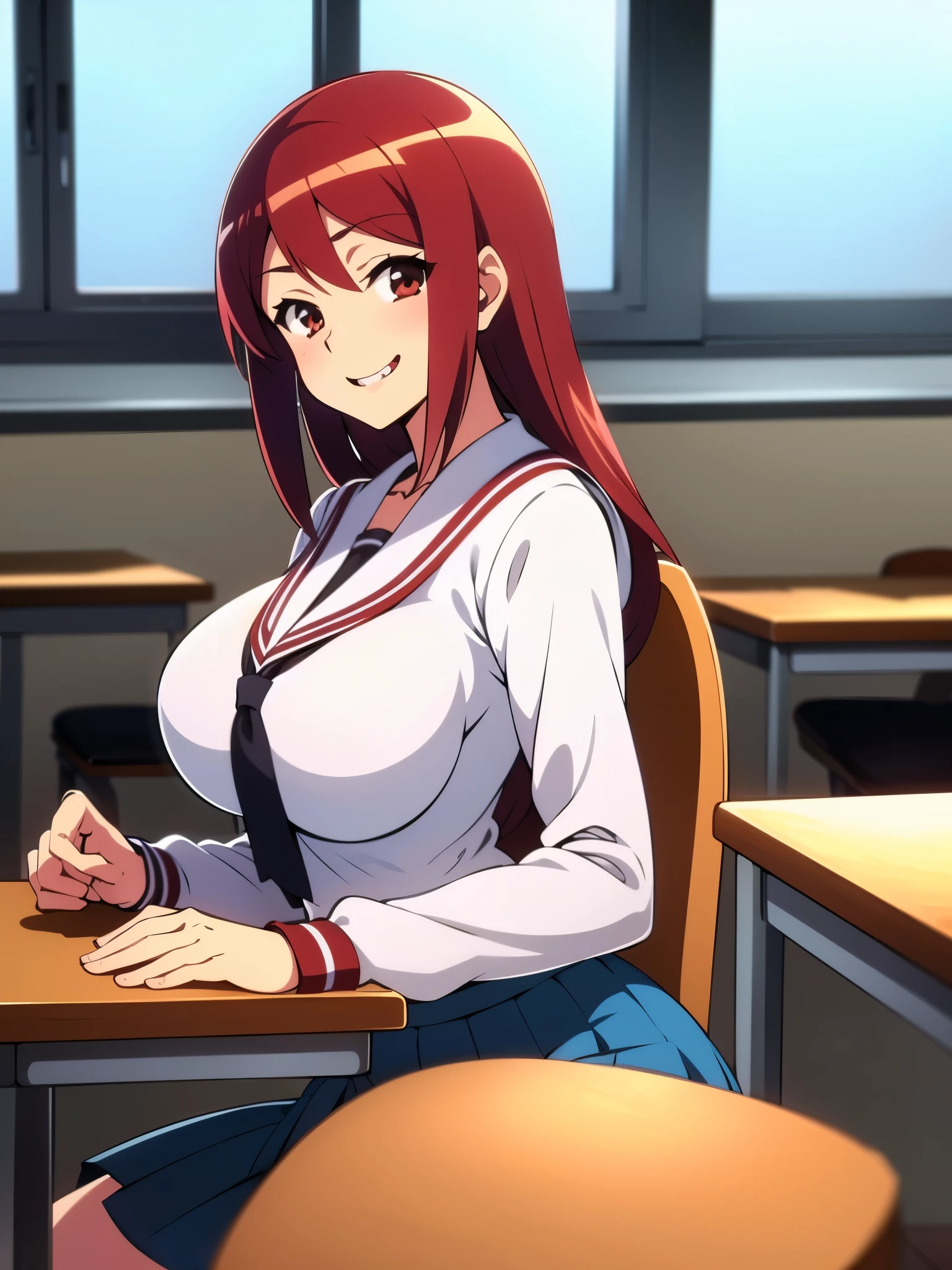 inside classroom, anime style, 8k, masterpiece, ultra high res, from side, focus upper body, break wearing school uniform, red hair, long hair, seductive smile, tall, busty, sitting chair,