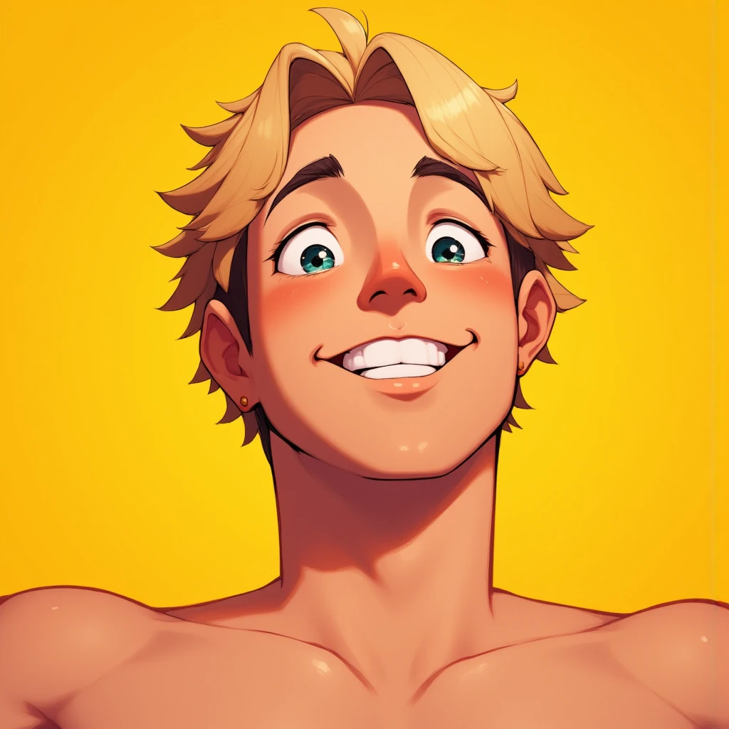 (masterpiece), best quality, expressive eyes, perfect face ,male focus, 1boy, solo, Blonde hair, medium hair, clean hair, tall, angel, heavenly host, Soldier, halo, green eyes, shirtless, toned, abs, selfie, hazbin hotel