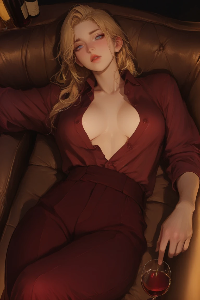 ((best quality: 1.5)) ((masterpiece: 0.8)), intricate details, sharp focus, professional, real life, realistic representation of the face, dim volumetric lighting, dynamic pose, in the style of realistic and hyper detailed renderings BREAK ((detailed woman having 40 years, ((((blackout eyeshadow makeup, side:0.3, looking away)), bedroom, loose black silk robe, bright red lips, smiling, athletic, fit, golden hour, iceblue eyes, ([flat chest:large breasts:0.8], [blonde hair:scarlet hair:0.2], openlegs)), freckles: 0.8))), photorealistic, hyper-realistic, 8K