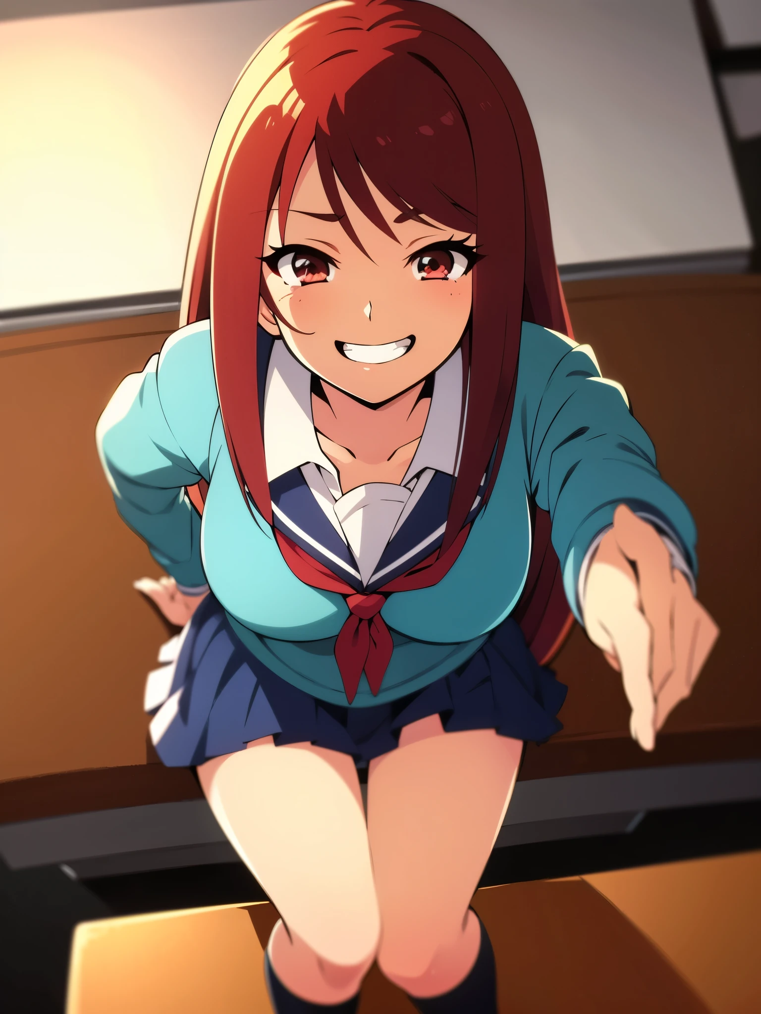 inside classroom, anime style, 8k, masterpiece, ultra high res, from above, focus face, break wearing school uniform, red hair, long hair, seductive smile, tall, have a coffee cup,