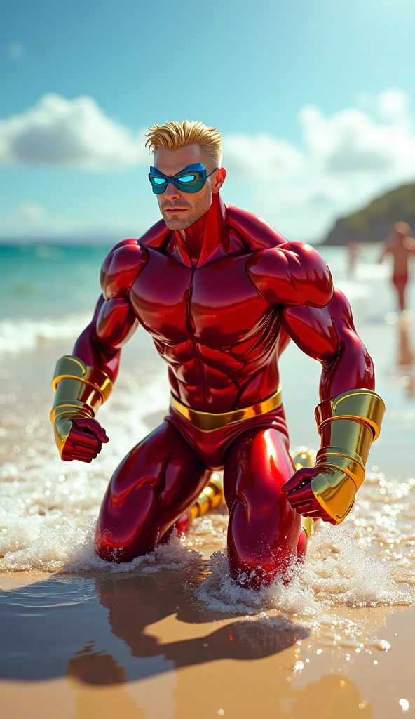 amateur photography,
<lora:badquality_v02:1.2>, low quality, bad quality, 
fat man dressed like holiday tropical ironman on busy beach
wearing ironman helmet armor, sandals
sandcastle
