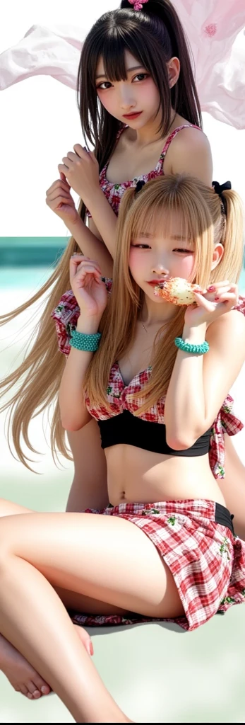 girl with brown eyes and white hair using bikini, hot summer, eating ice cream happy