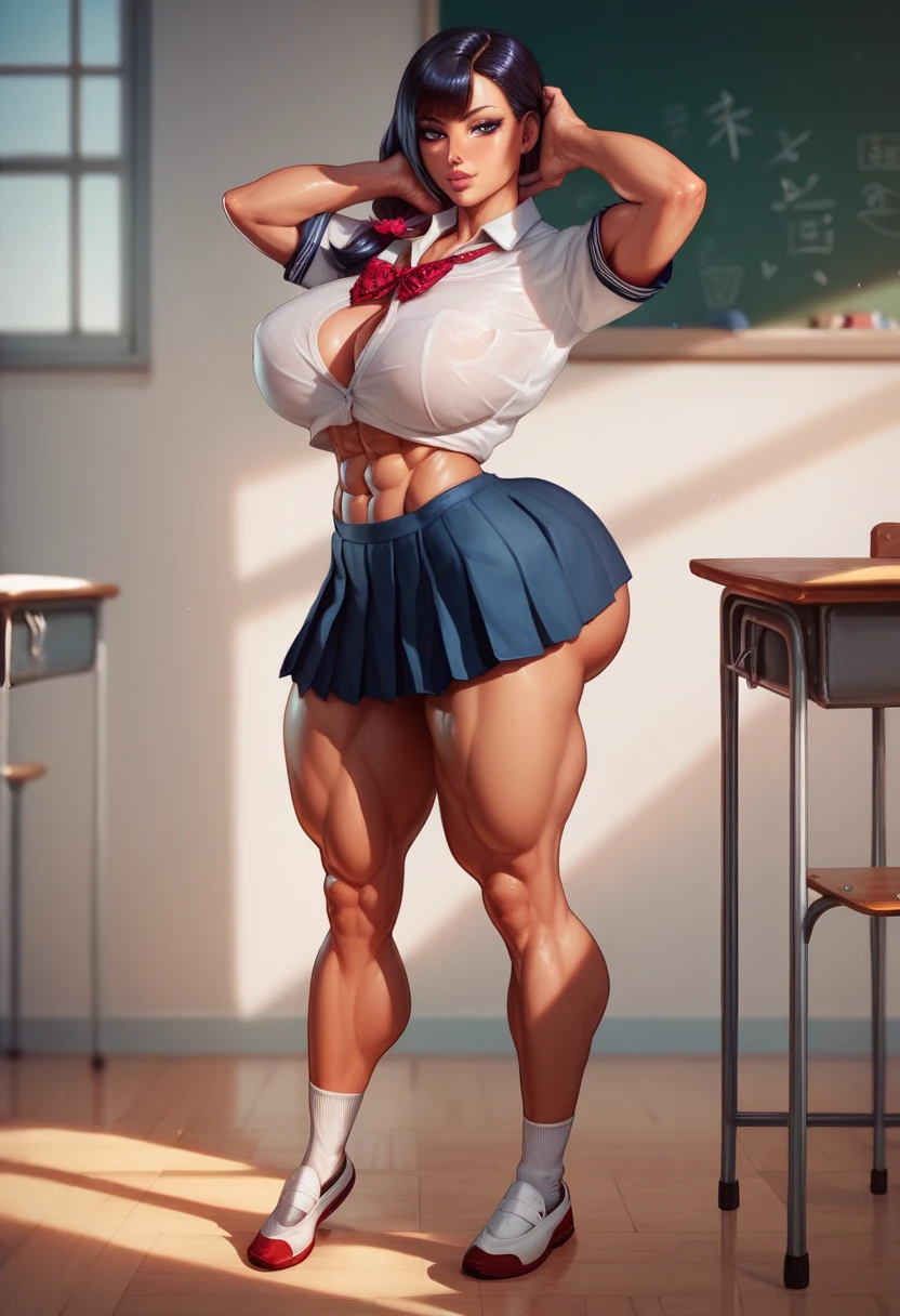 (masterpiece, detailed, realistic:1.2), young japanese girl, school girl, (hypermuscle:1.6), massive ass, massive thighs, cute smile, cute, fringe, skimpy clothes, skirt, cute pose, (huge lips), classroom, (shocked classmates)