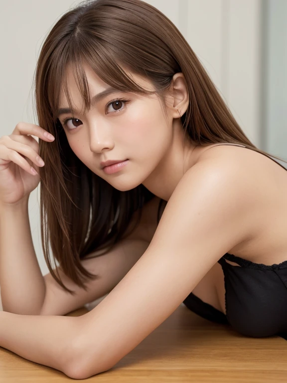 masterpiece、top-quality)、1 beautiful girl、((Wearing black sunglasses )), (Detailed beautiful eyes), ((Detailed skin)) , ((Detailed medium hair)), inside the black villa、((Boyish Brown Medium Hair))、((Smaller face))、((Neutral face))、((Face seen from the side))、((Light brown eyes))、((Korean Girl))、((18year old))、((cool lady))、((A shy smile on his face))、((Korean Makeup))、((elongated and sharp eyes))、((Happy dating))、((boyish))、((Shot from the same height as your face)、inside the black villa ), ((CG rendering)), ((Blurred background)), ((16K)), ((Very detailed)), ((wallpaper)), ((depth of field))