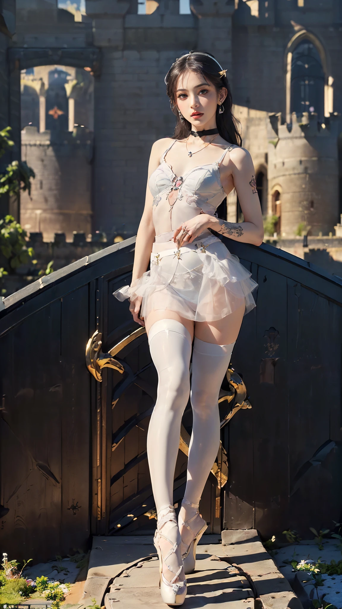 Arapefi, Purple princess dress, back to look back, wearing high heels,Place your hands on your chest,Wear a crown,choker necklace,Watching from behind,Close up from behind,next to a window, In the castle, Sense of transparency,(oversized boobs,1.5),Expose cleavage,Turn around and look at the camera,tmasterpiece,Flawless,Sense of transparency,Empty inspiration,More details and decoration,Exposing thighs,8K,(Wear decorations such as rings,1.9),White-colored skin,Ornate ornament,White waist stockings,one-girl,(Dissection is correct,PremiumQuality, high detal, Masterpiece)