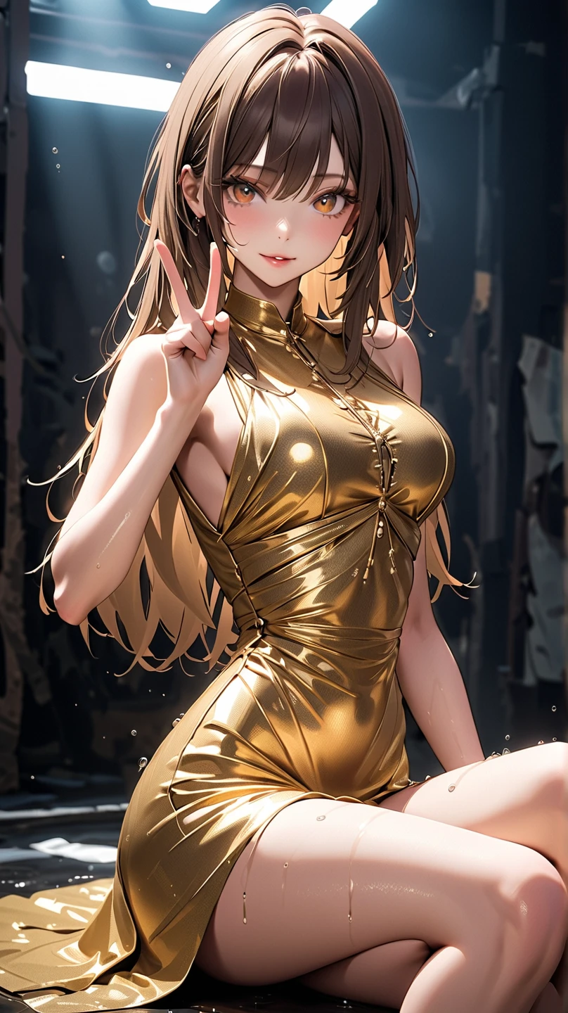 ((masterpiece,Highest quality:1.3,best quality illustration,realistic:1.3)),cowboy shot,solo,1woman,(20-year-old、Japanese Beauty)、brown hair,long hair,center parted bangs,brown eyes,gorgeous eyes,((very small head:1.3)),blush,smile,((very long body:1.2,skinny)),medium breasts,(tan skin:1.5), (gleaming skin,toned body,slender body),sweat,(Black sleeveless dress、Black pleated mini skirt)、Luxurious party venue、