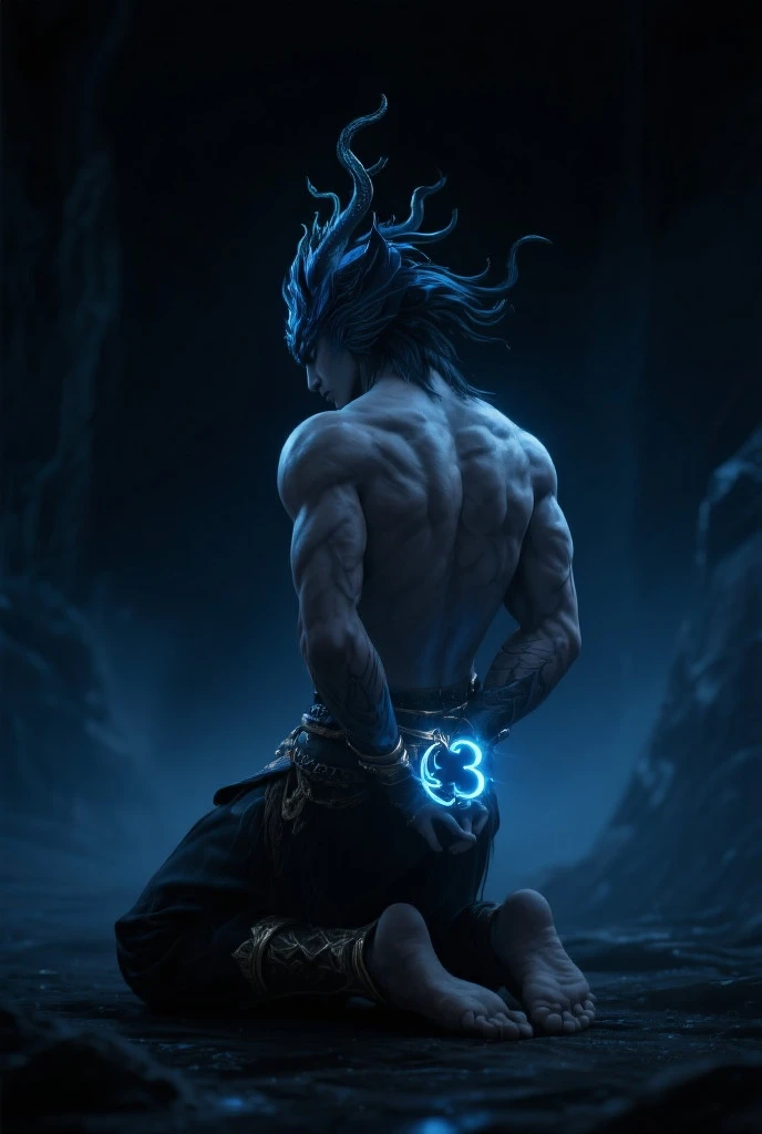 The image is anime style with shadows and dim lights, anime style although somewhat adult and dark, It shows a young male of the Lamia Naga race., approximately 20 years old, blue skin, who wears light chain mail armor, has medium length hair, tied in a short tail. His skin is blue. He is opening his arms, Behind him, A huge ice dragon stands.