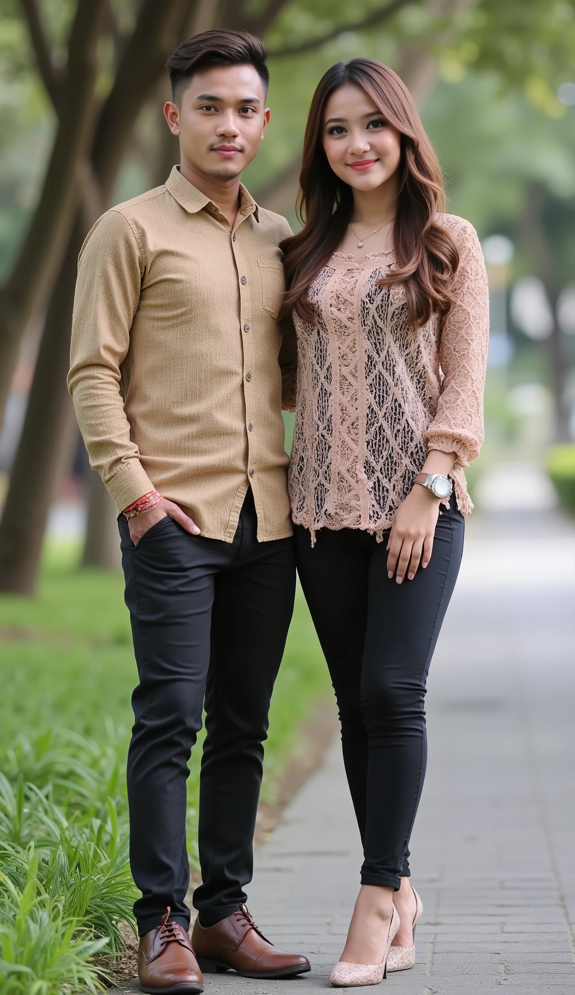 an Indonesian man and an Indonesian woman standing next to each other, an image, inspired by Adam Dario Keel, which is trending in the cg community, a handsome young Indonesian man with a beautiful young Indonesian woman with wavy hair, a man dressed in a shirt with shoes and a woman dressed in a tunic blouse and black skinny jeans and heels. singer, movie screencap, model elisajes from acquamodels