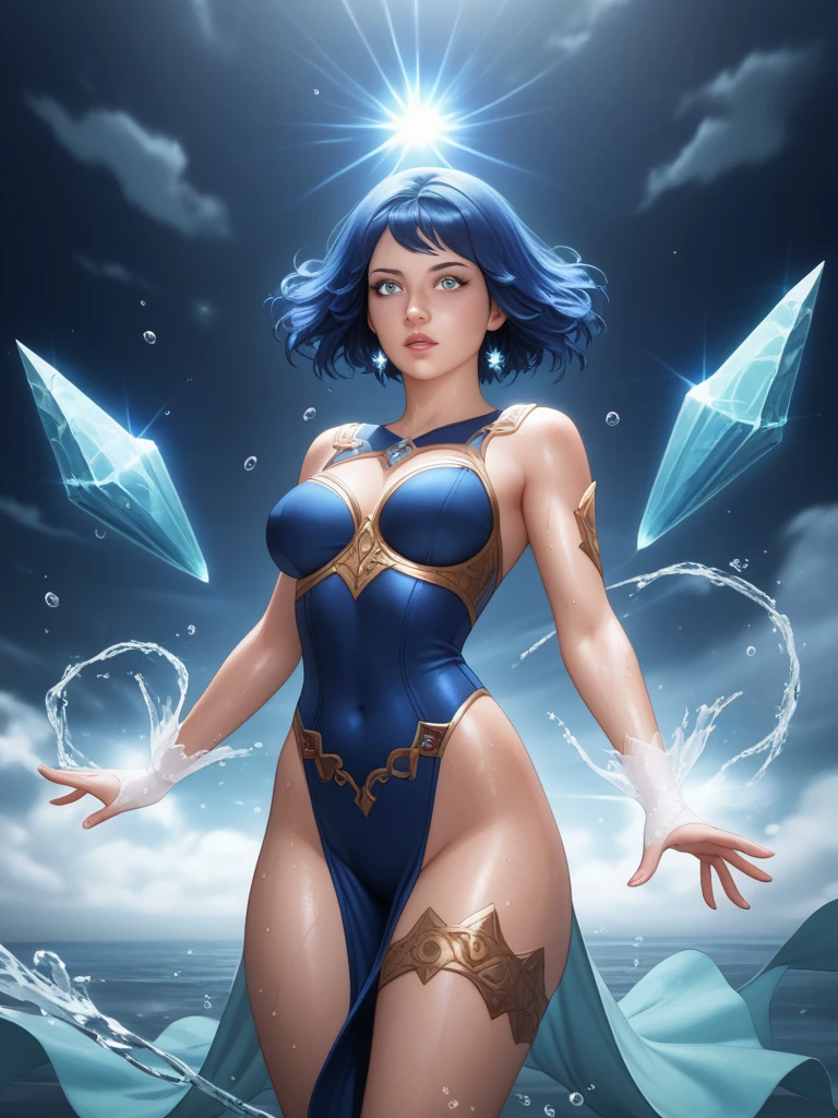 240710B. Masterpiece. A hyper realistic image of Claire. Beautiful woman. ((Perfect body)). Sexy. Slim. ((Solo)). ((Squirtle. In the Indoor space with a large aquarium and water-themed decor. Standing confidently by the aquarium, mini dress clinging to her body. Tight blue mini dress with water droplet details and a flowing cape. Sheer blue stockings. Hairstyle: Sleek bob with blue highlights. Makeup: Cool blue eyeshadow, glossy lips. Shell-shaped earrings.)). (See-through, bare pantyhose). ((Show erected small areolas thru clothes)). ((Show trimmed vulva)). ((Divine features, oval face)). Graceful presence. (Captivating and perfect grey eyes). (Silky ginger hair). Rosy tint complexion. Captivating smile with enchanting lips. Slender figure. ((Perfect hands)). Sense of style with alluring charm. Effortless elegance, sophisticated. ((High fashion image)). (((((Cowboy shot))))).