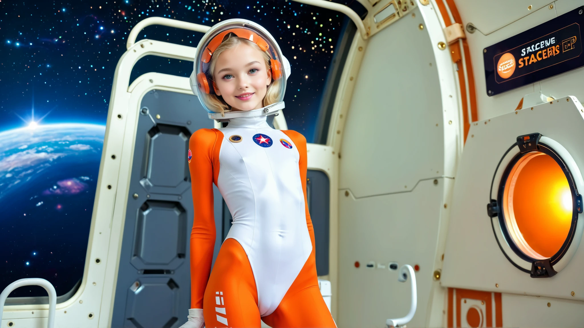 1 woman,5 years,,small ,small андероло,(Background with:spaceship,Artificial satellite,) She has blonde hair,Встаньте на spaceship,visible from the front, Mostly cloudy skies,(((the masterpiece),(Очень подробные обои CG Unity 8K),Best quality,cinematic lighting,detailed background,beautiful detailed eyes,bright students,Blue eyes,(very good and beautiful),(Beautiful and detailed description of the eyes),ultra - detailed,the masterpiece,)),Facing the camera,A high resolution,ultra - detailed),breast-baring,Bare genitals, convex,Legs open,raised sexy,camel toe,Flushed complexion,smile,Desire for dissatisfaction,facade,elementary school student,astronaut,(Tedious:Spacesuit), (red and white pilot suit, Tight clothes, beauty, cheerful, beautiful, slender body, exoskeleton) Alisa Selezneva, (Xenomorph, fuse of human and Xenomorph, girl and xenomorph fuse), A sense of humor