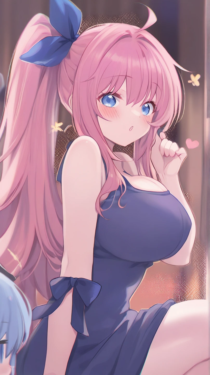 masterpiece, best quality, half body, woman, 22 years old, (curvy:0.6), long pink hair, parted bangs, blue eyes, (huge breasts), cleavage, (skindentation:0.8), smile, blush, light blue short dress, bare legs, bare arms, simple background