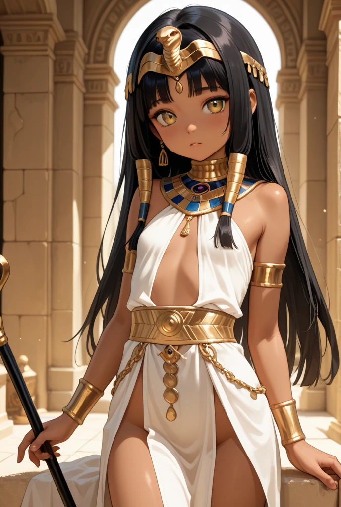 (((Alone))),(((Mature Woman))),(Body with medium curves),(((Amber eyes))),(((Long black hair with bangs))),(((Wearing Egyptian clothes))),((( wearing gold accessories)))