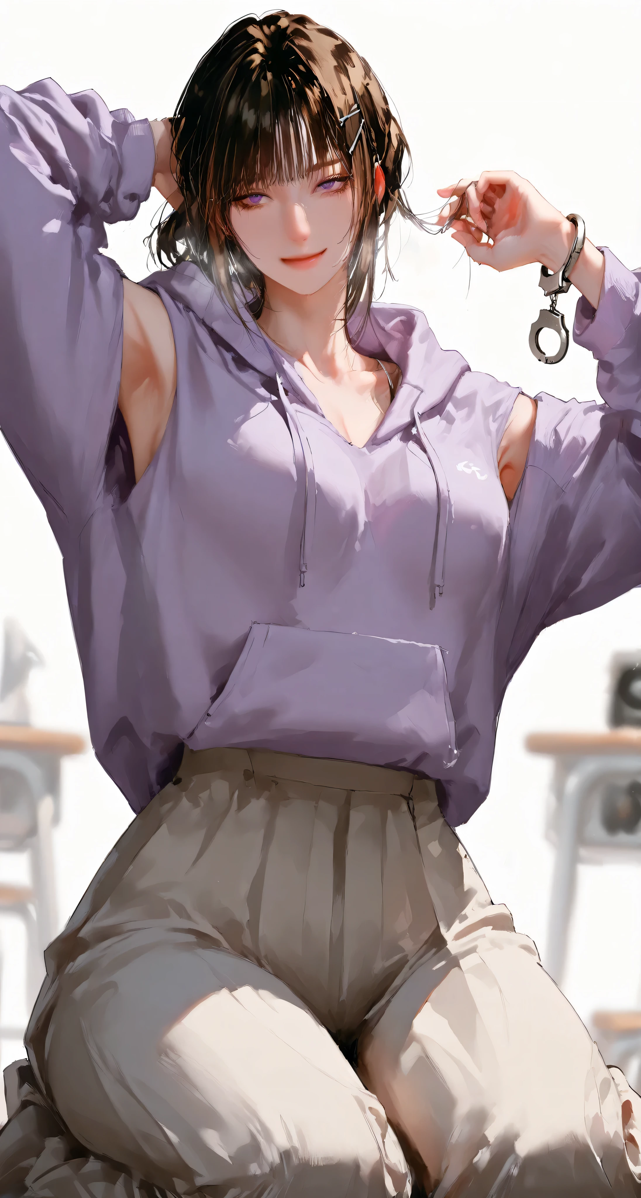 1 girl,hairpin hairstyle,dark haired, Cold, high detail, Realistic photo, high details, high quality, Best Quality, dark purple eyes, dark brown hair, beautiful, tall, emotionless, ,{hairpin hairstyle} , weakly happy , medium, Light purple eyes , ((feminine )), (( handsome female face)), handsome, bite_1024, ( wearing a light purple hoodie), masterpiece, full body, alone, blurred background , white background, Cold expression (close up), light atmosphere , classroom background,1 girl, , perfect face, White hair,,extra thick thighs,Full image,extra thick thighs,hair that highlights the thighs ,light purple hoodie,tall,tall ,cicada is lying down slightly, long pants,light gray-blue Japanese pants,{ long pants},take a light blue rose, Eyes and Lips 、 bangs、smiling skin、eyebrow、Meat quality。Lower eyelashes, normal neck , medium ,armpit,charming smile,衣服armpit破口,{real face with clear facial features},South Korea,armpit, Face camera facing me with handcuffs,clothes attached to cuffs,presence of clothes connecting cuffs,tall,layered pants, medium breasts ,long sleeve hoodie